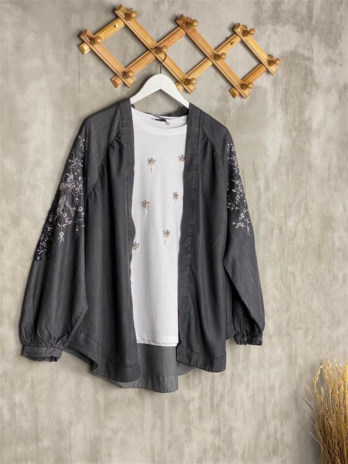 Tasarım Pul Payet İşlemeli Kadın Kimono (Antrasit)