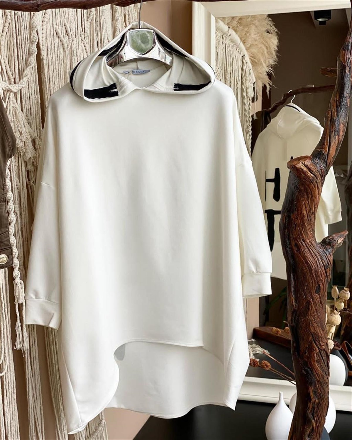 Tasarım Salaş Kapşonu fermuar Detaylı Sweatshirt (EKRU)