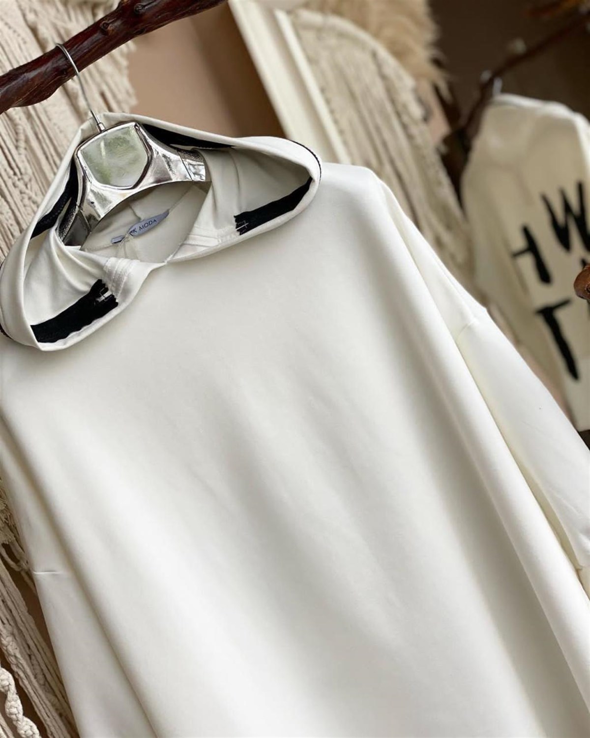 Tasarım Salaş Kapşonu fermuar Detaylı Sweatshirt (EKRU)