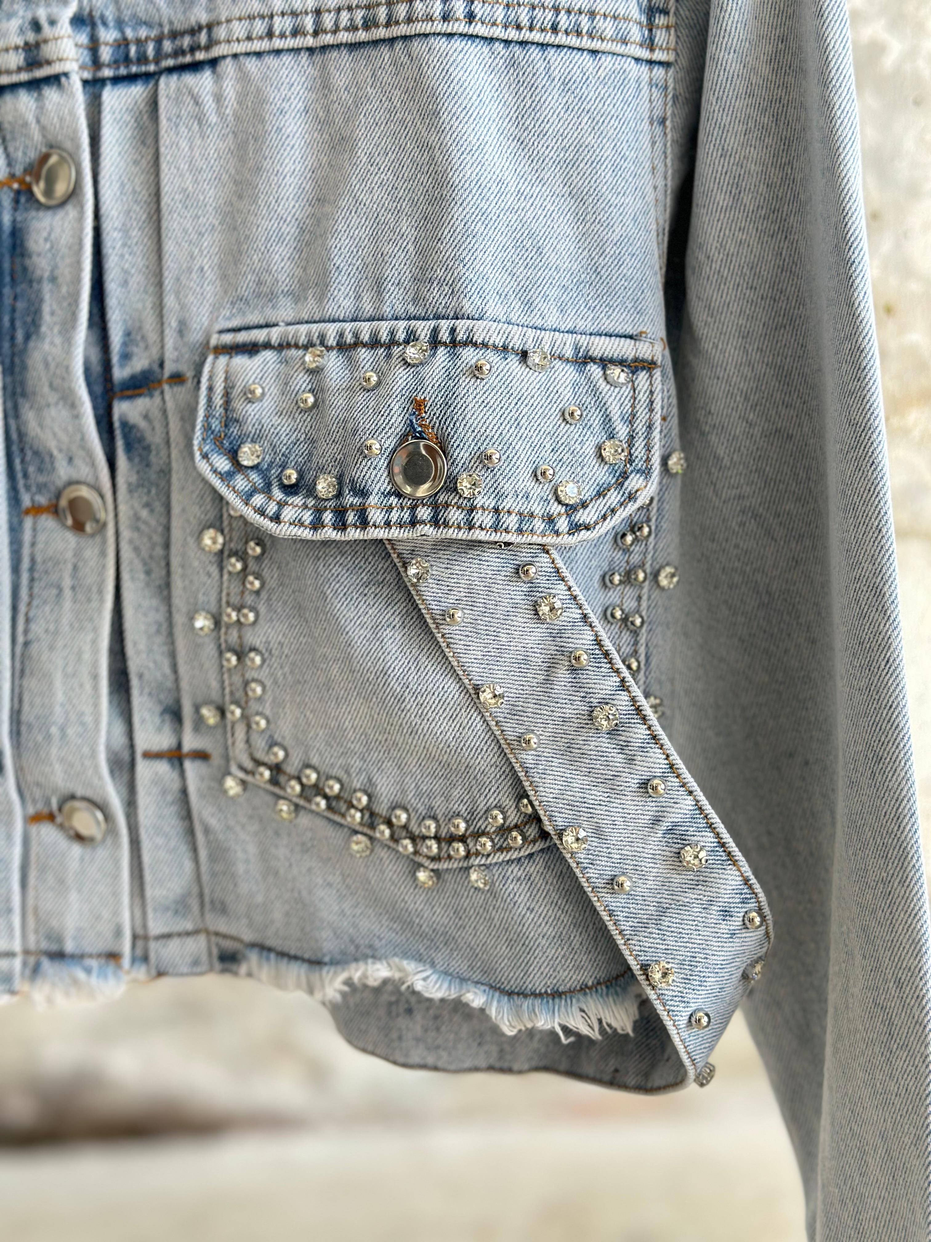 Tasarım Taşlı Kuşaklı Denim Ceket (Mavi)