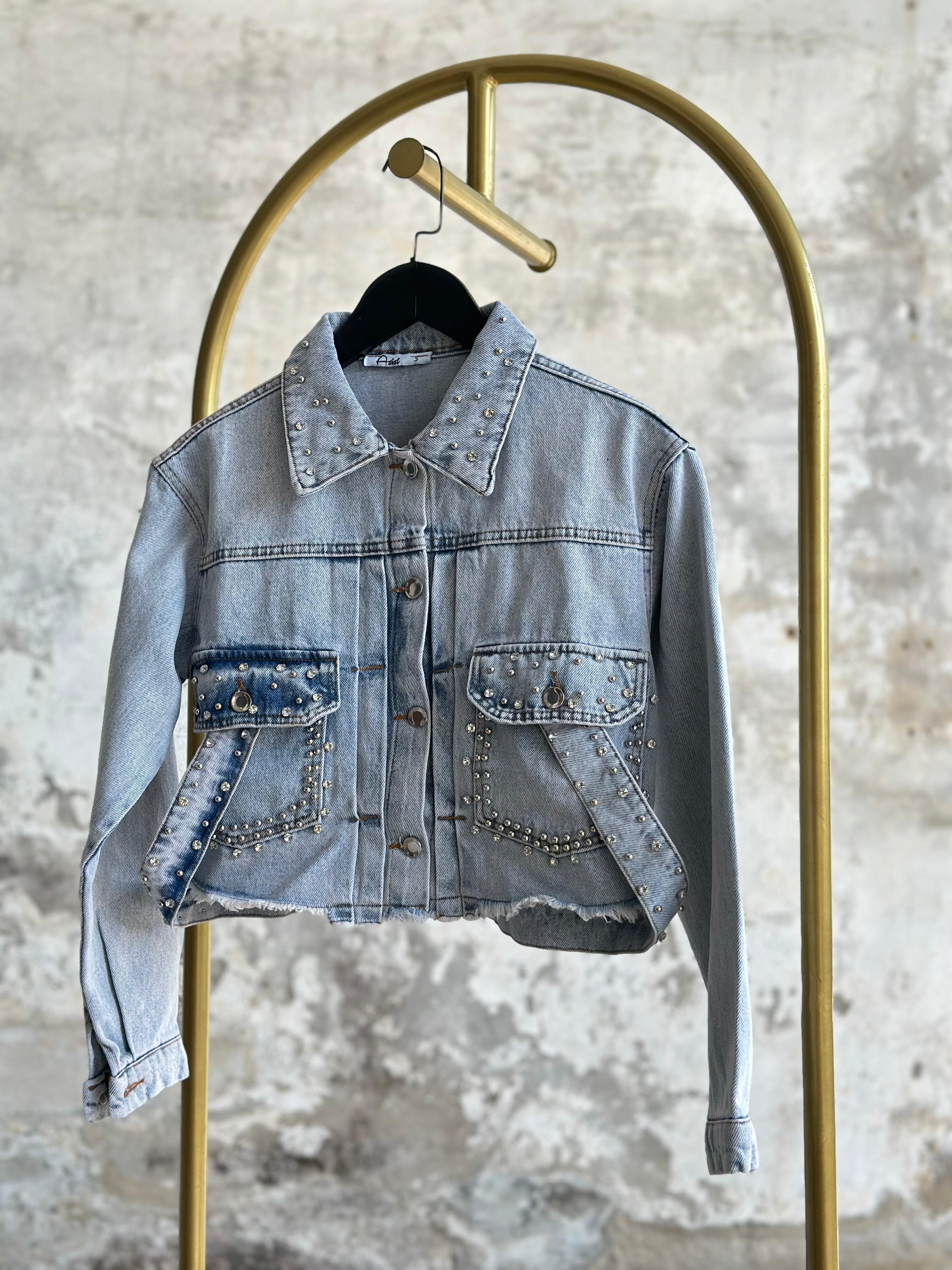 Tasarım Taşlı Kuşaklı Denim Ceket (Mavi)