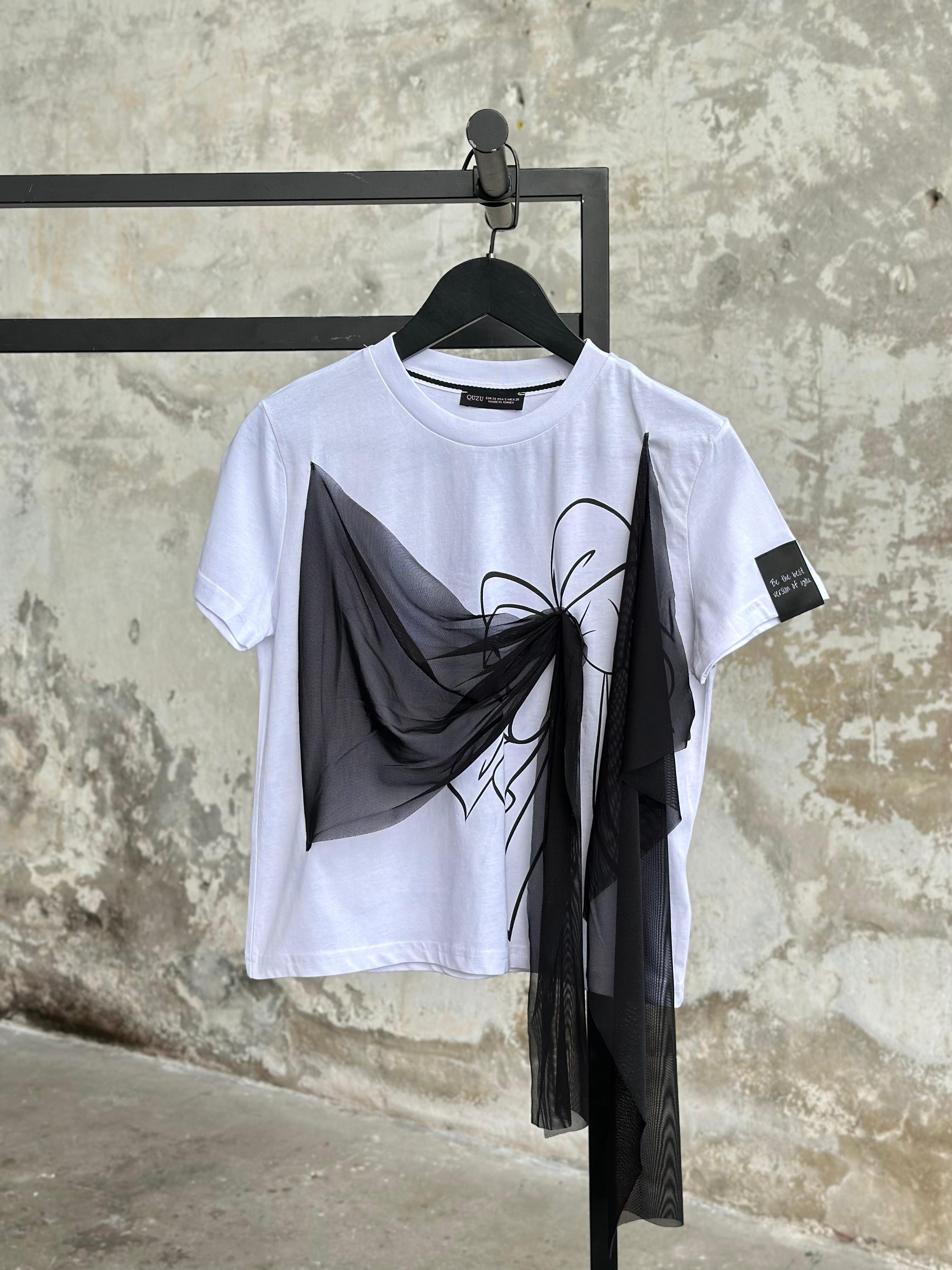 Tasarım Tül Ekleme Detaylı Tişört (Beyaz)