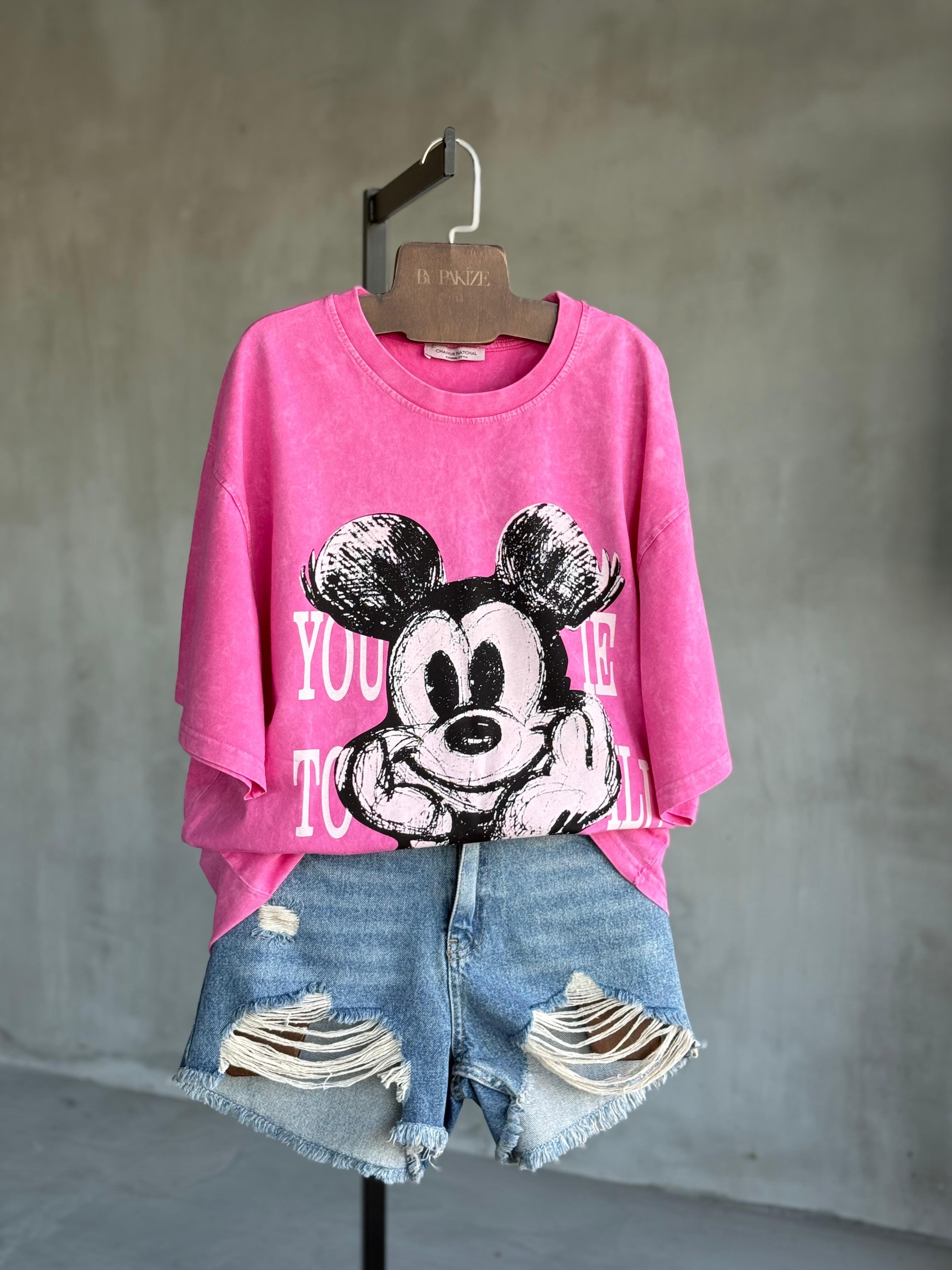 Tasarım Yazılı Mickey Taş Yıkama Oversize Dokuma Tişört (Pembe)