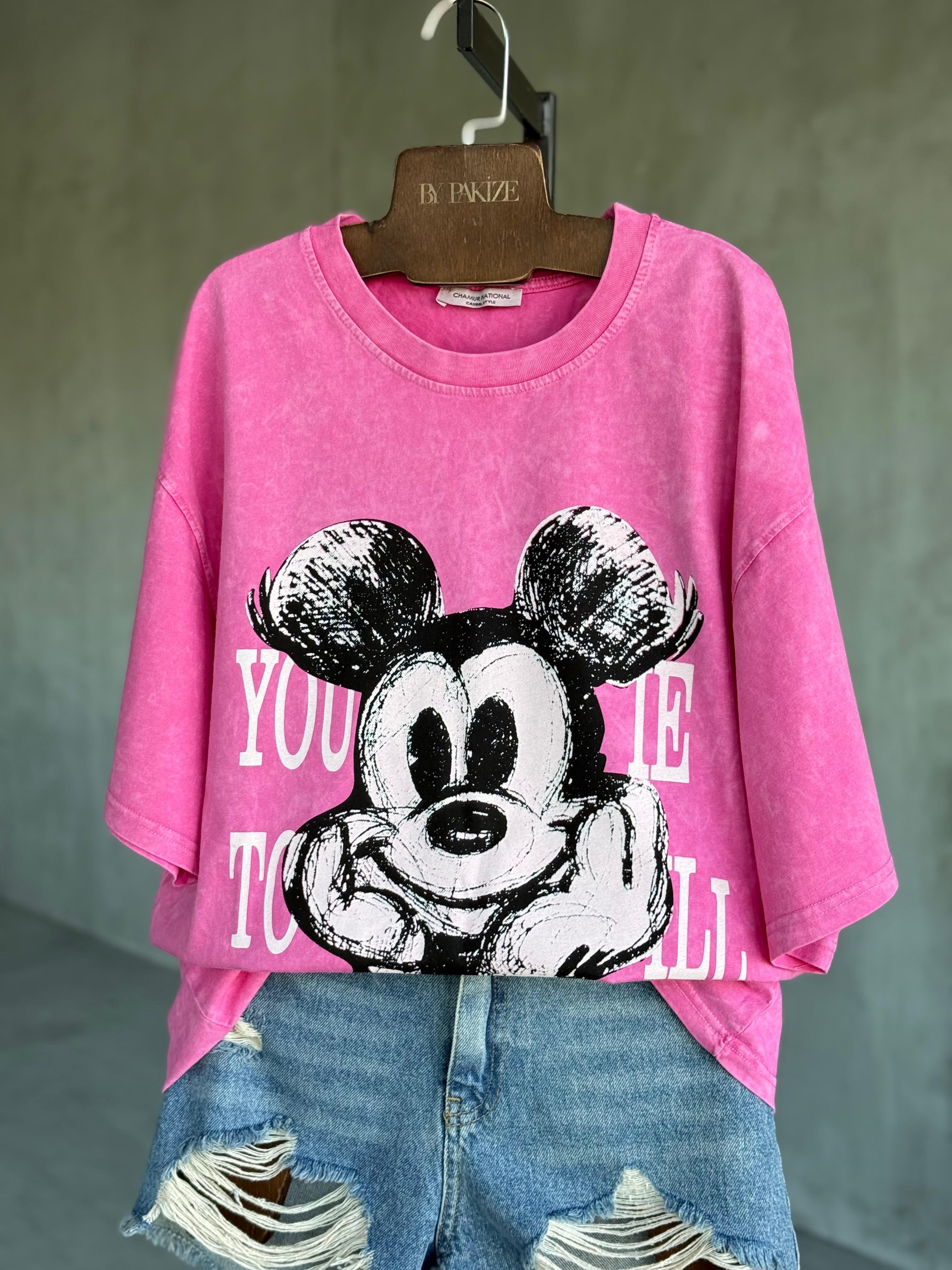 Tasarım Yazılı Mickey Taş Yıkama Oversize Dokuma Tişört (Pembe)