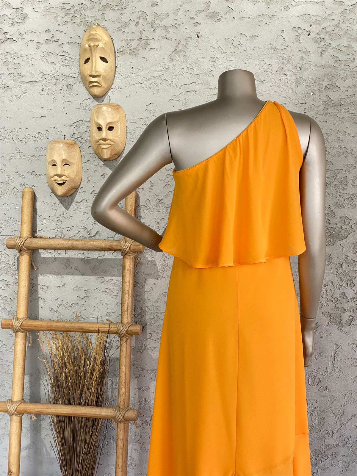 Tek Omuz Astarlı Şifon Elbise (Oranj)