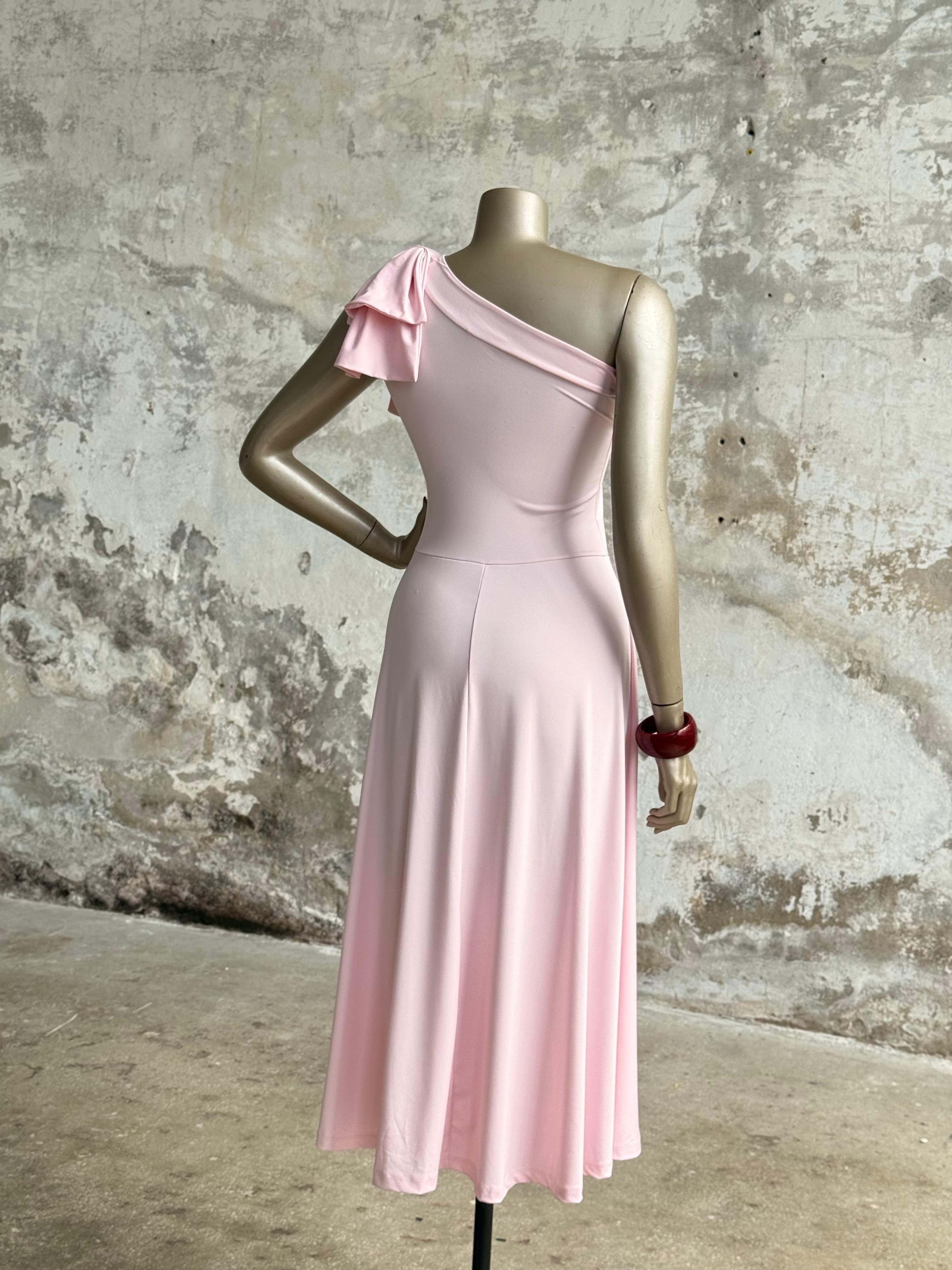 Tek Omuz Fiyonk Detaylı Elbise (Pudra)