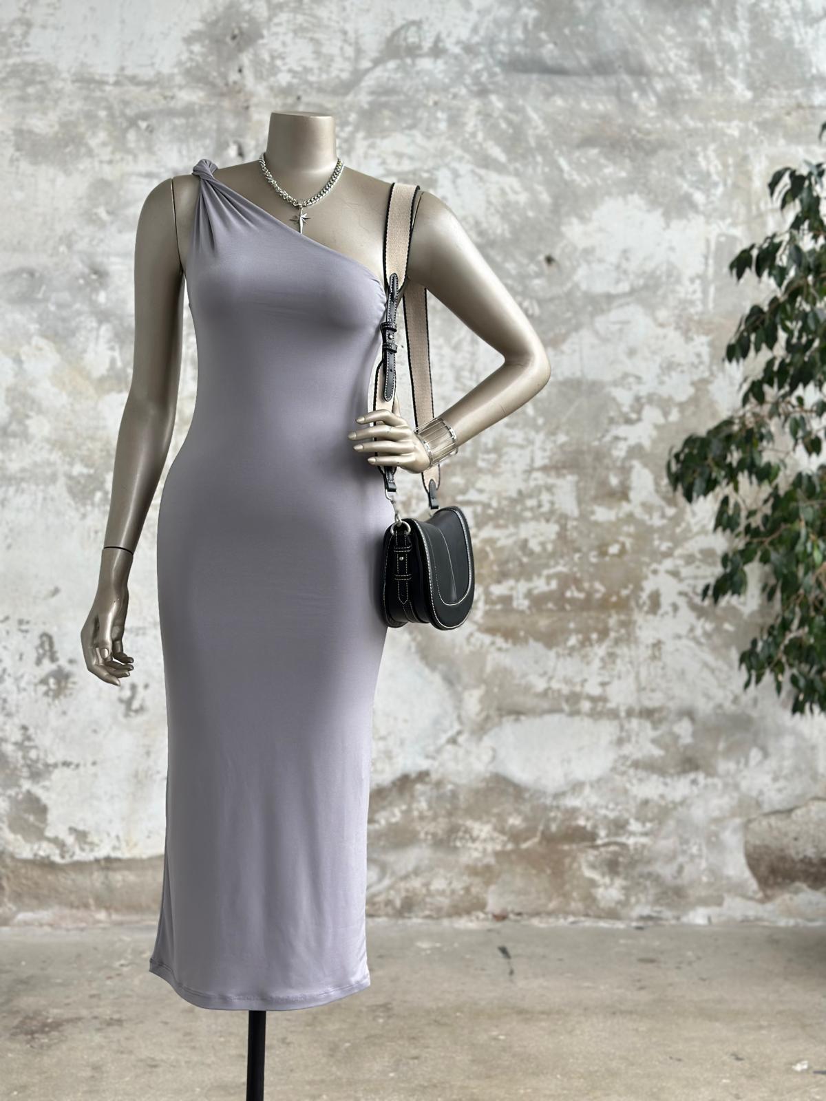 Tek Omuz Kadın Elbise (Gri)