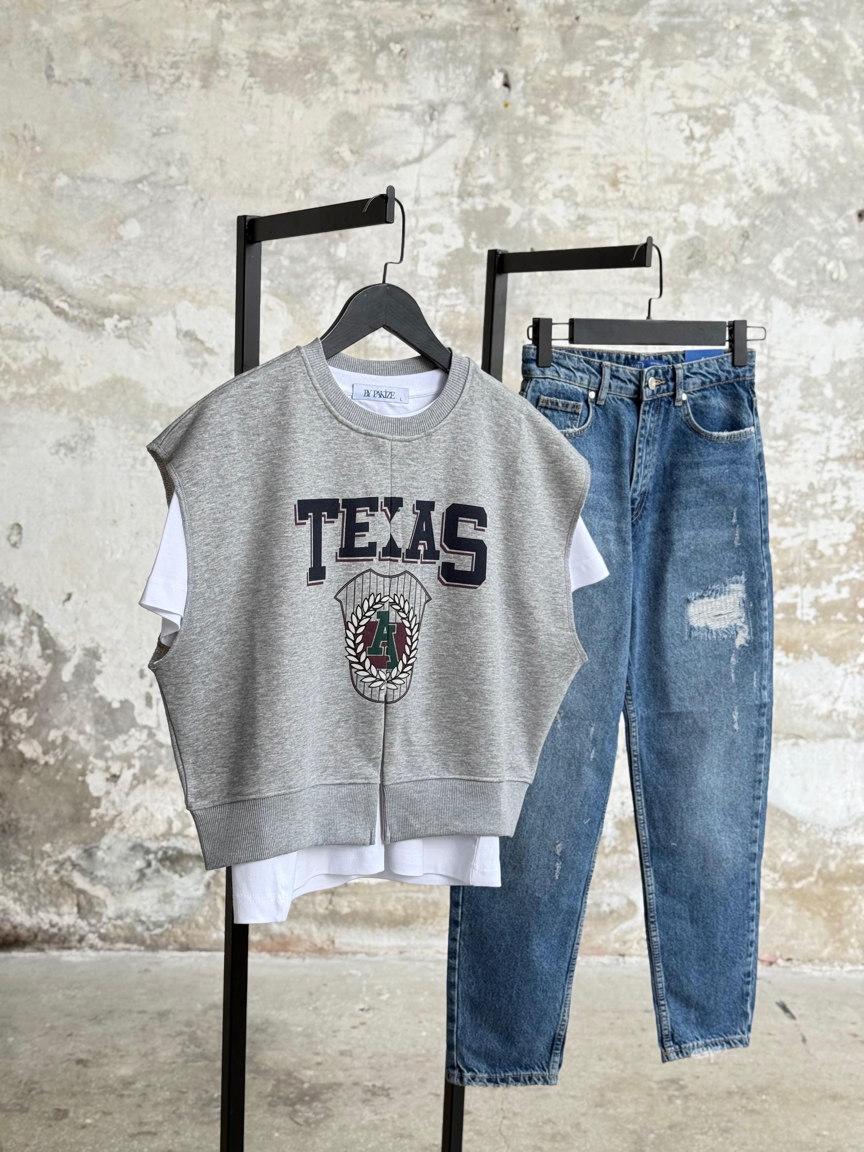 Texas Baskılı Beli Ribanalı Kolsuz Sweatshirt (Grimelanj)