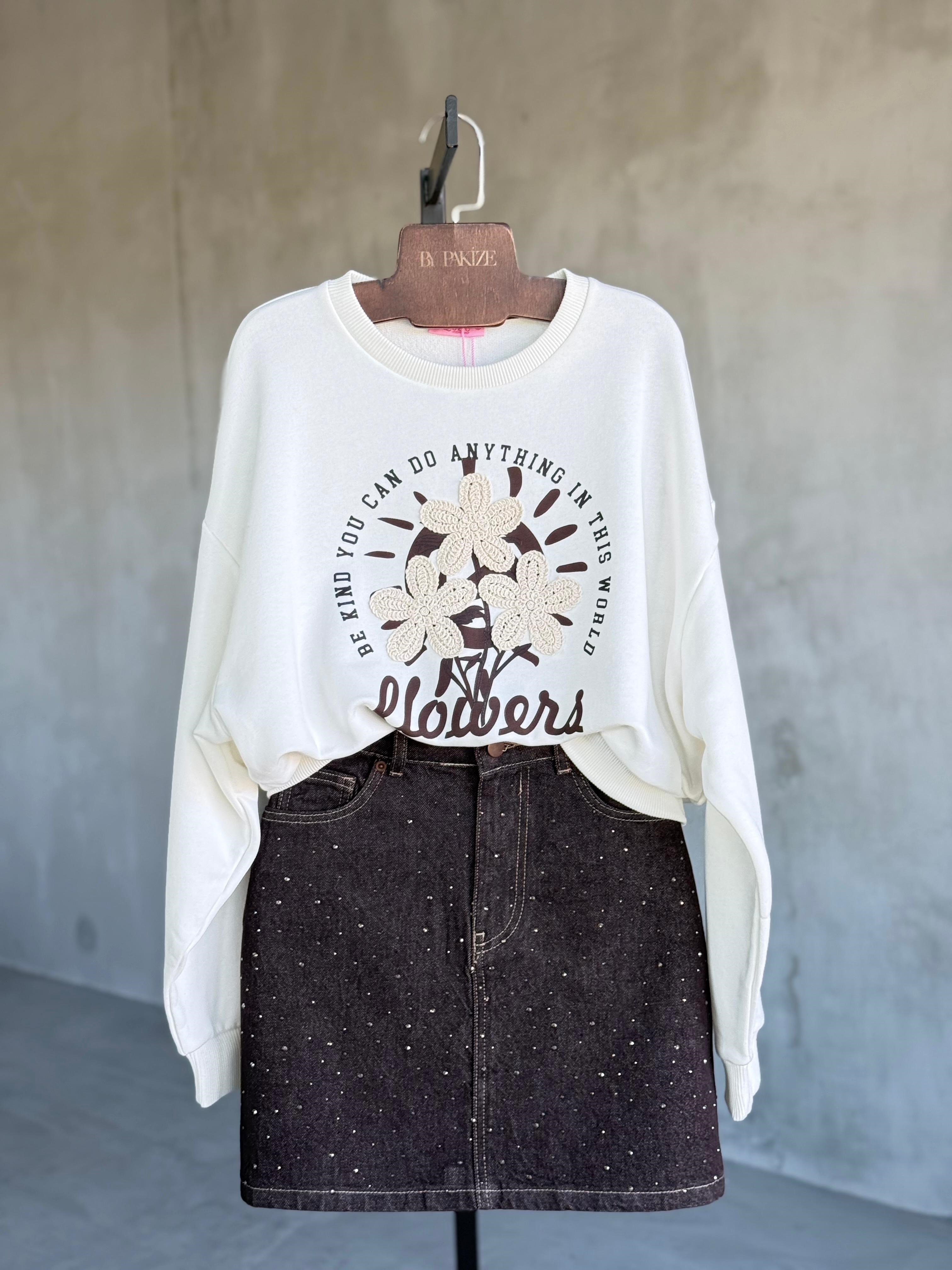 Tığ Çiçek İşlemeli Sweat (Ekru)
