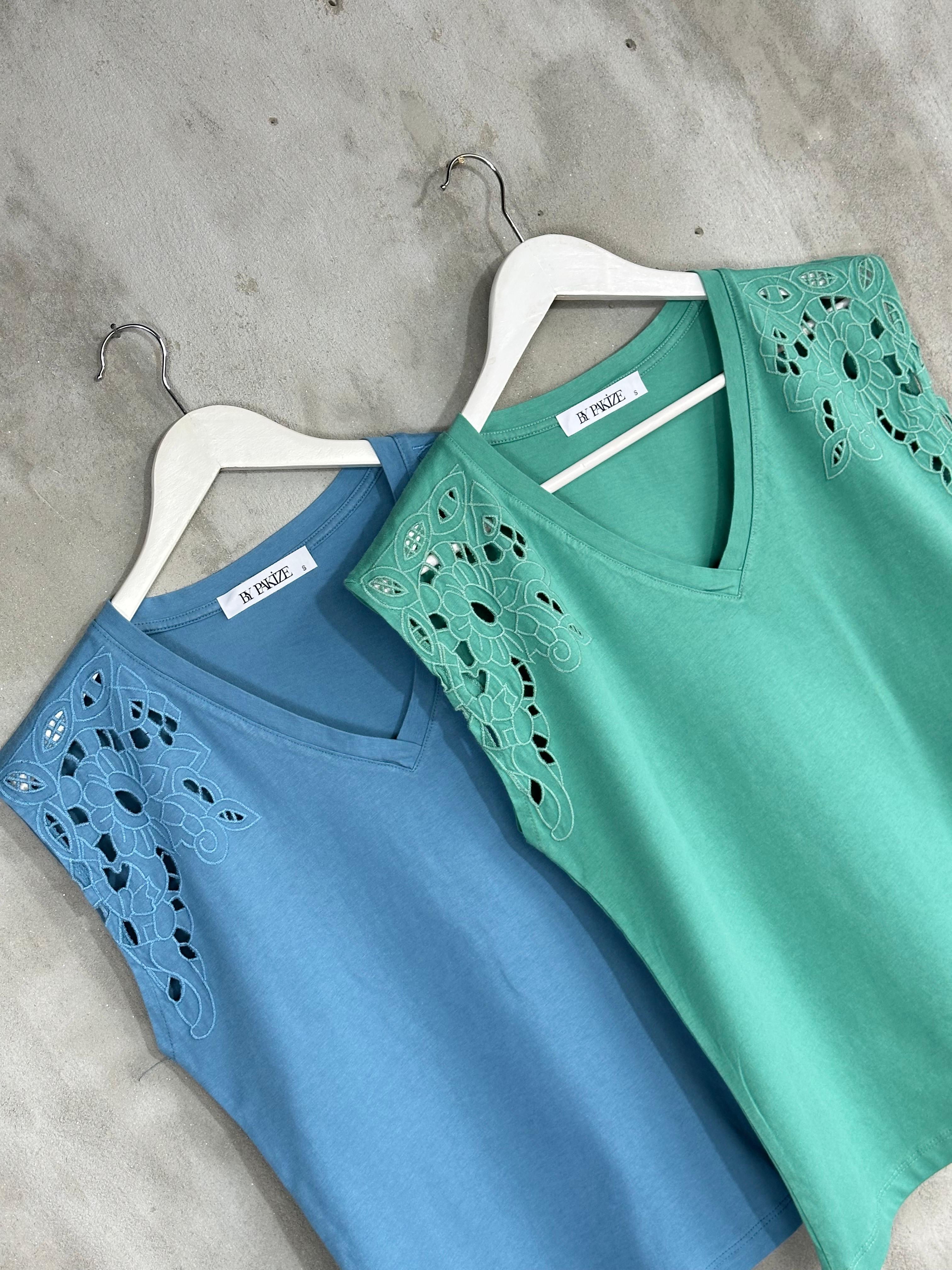 Tığ İşçilikli Lüks Kaliteli Tişört (İndigo/Turkuaz)