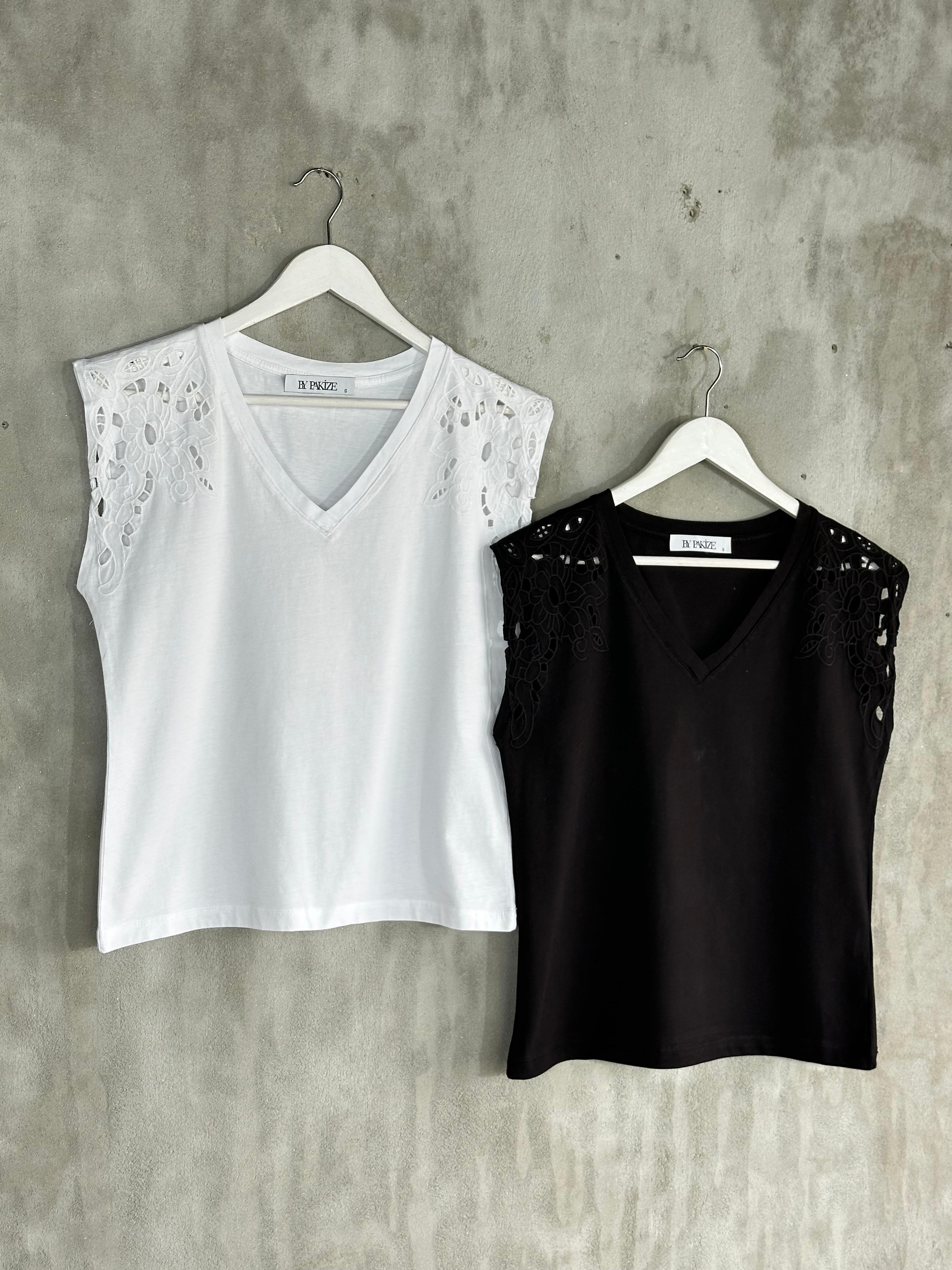 Tığ İşçilikli Lüks Kaliteli Tişört (Siyah/Beyaz/Gri)