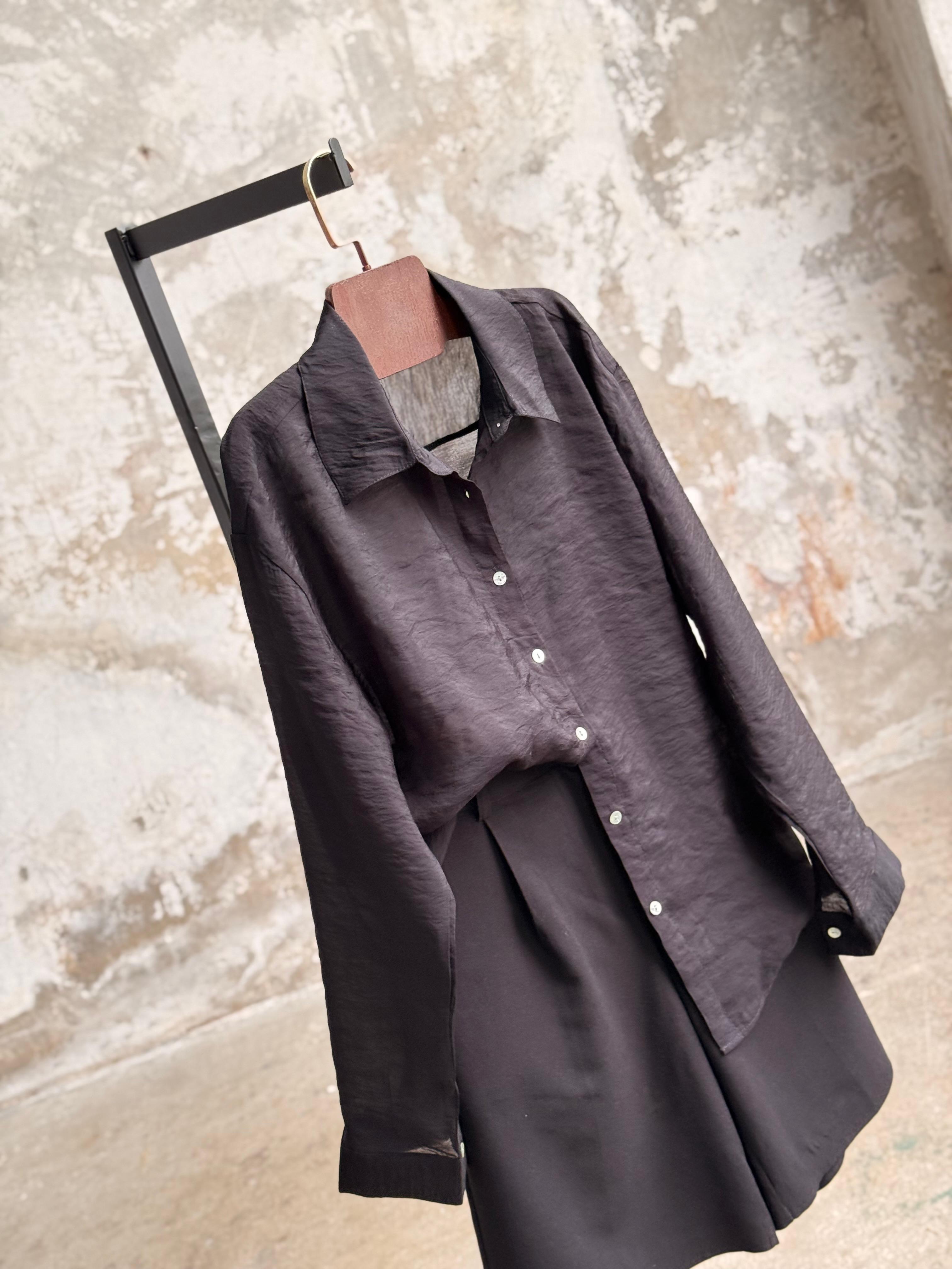 Transparan Keten Kumaş Oversize Gömlek (Siyah)