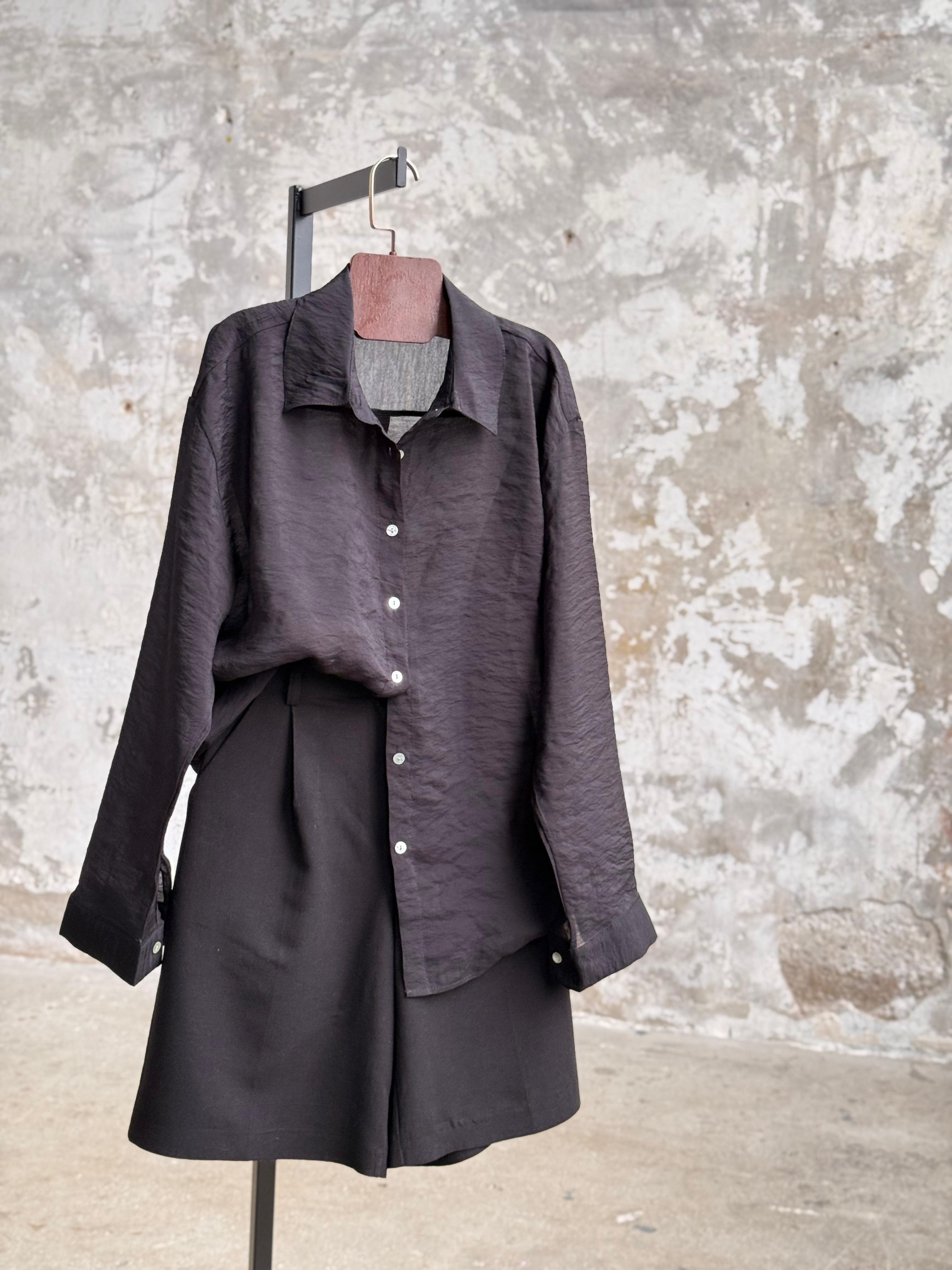 Transparan Keten Kumaş Oversize Gömlek (Siyah)