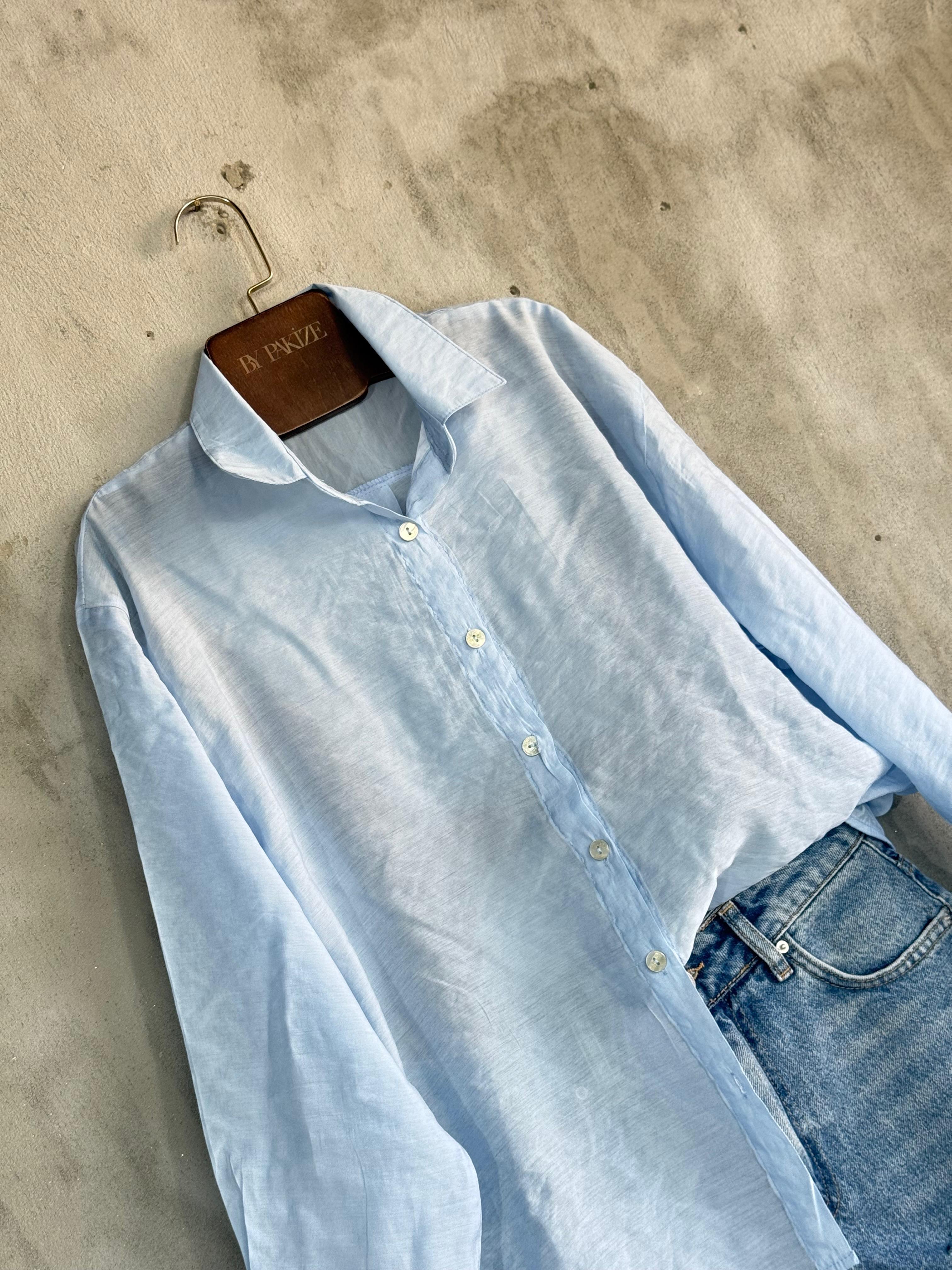 Transparan Keten Kumaş Oversize Gömlek (Bebe Mavisi)
