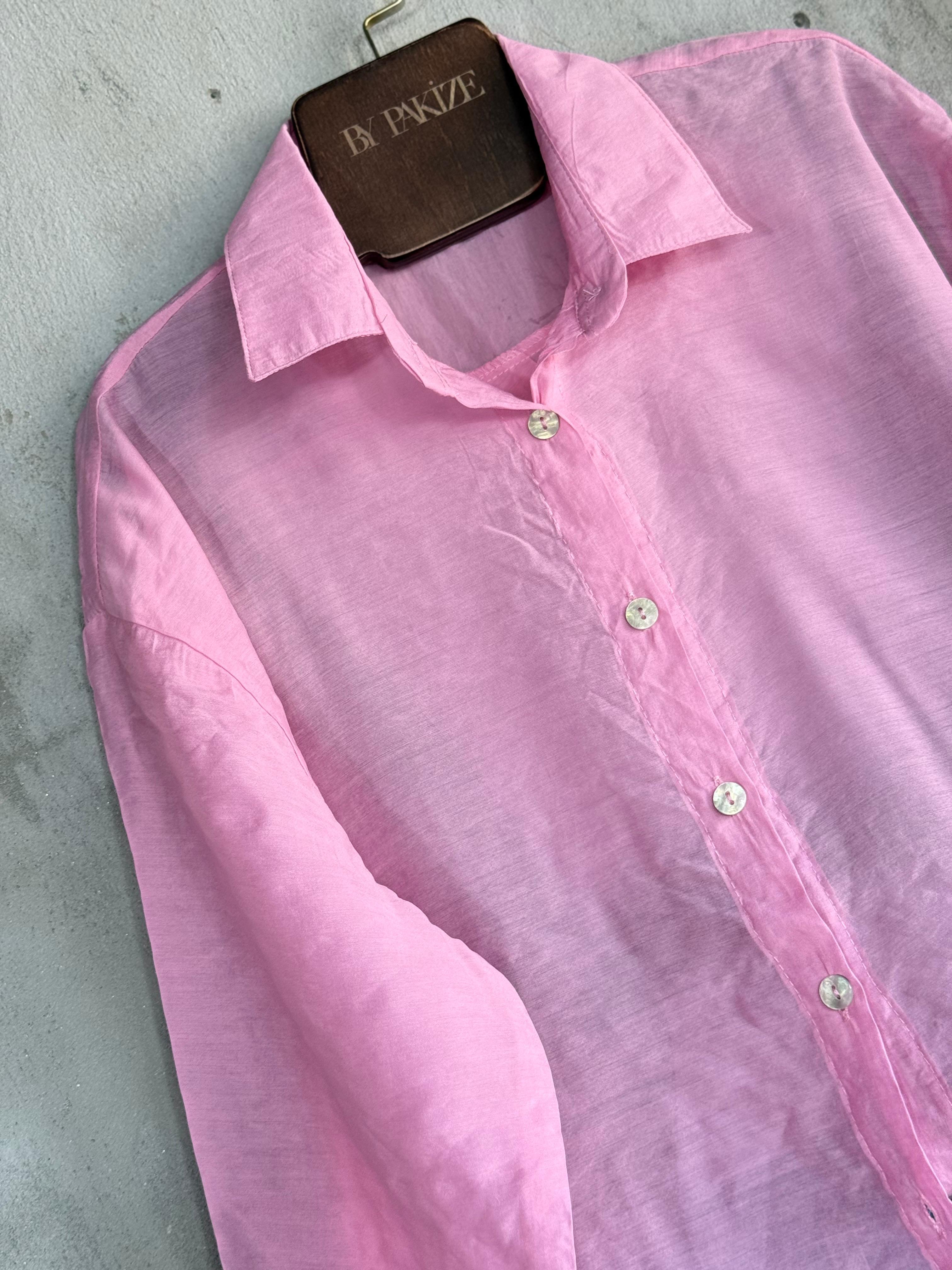 Transparan Keten Kumaş Oversize Gömlek (Pembe)