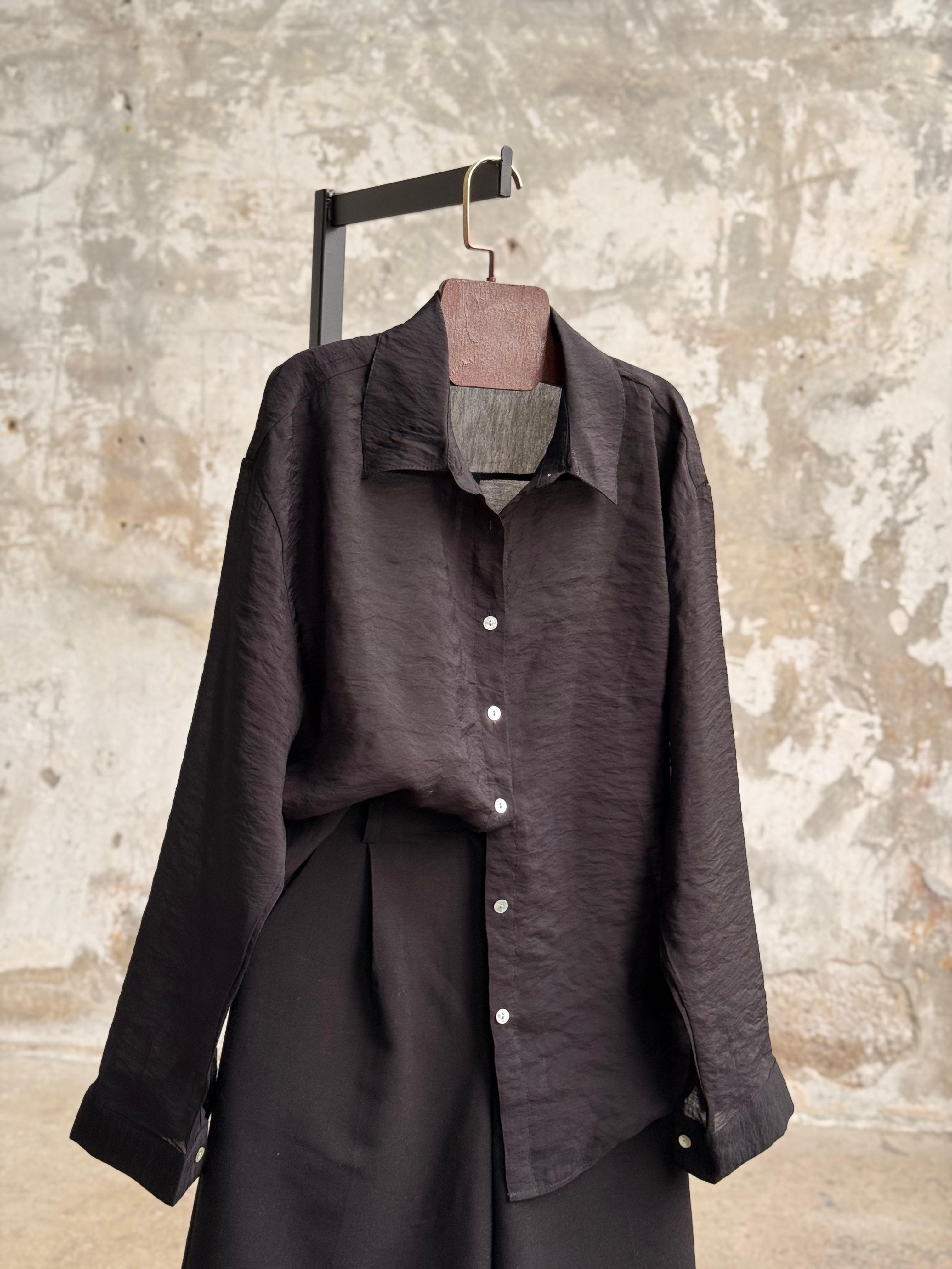 Transparan Keten Kumaş Oversize Gömlek (Siyah)