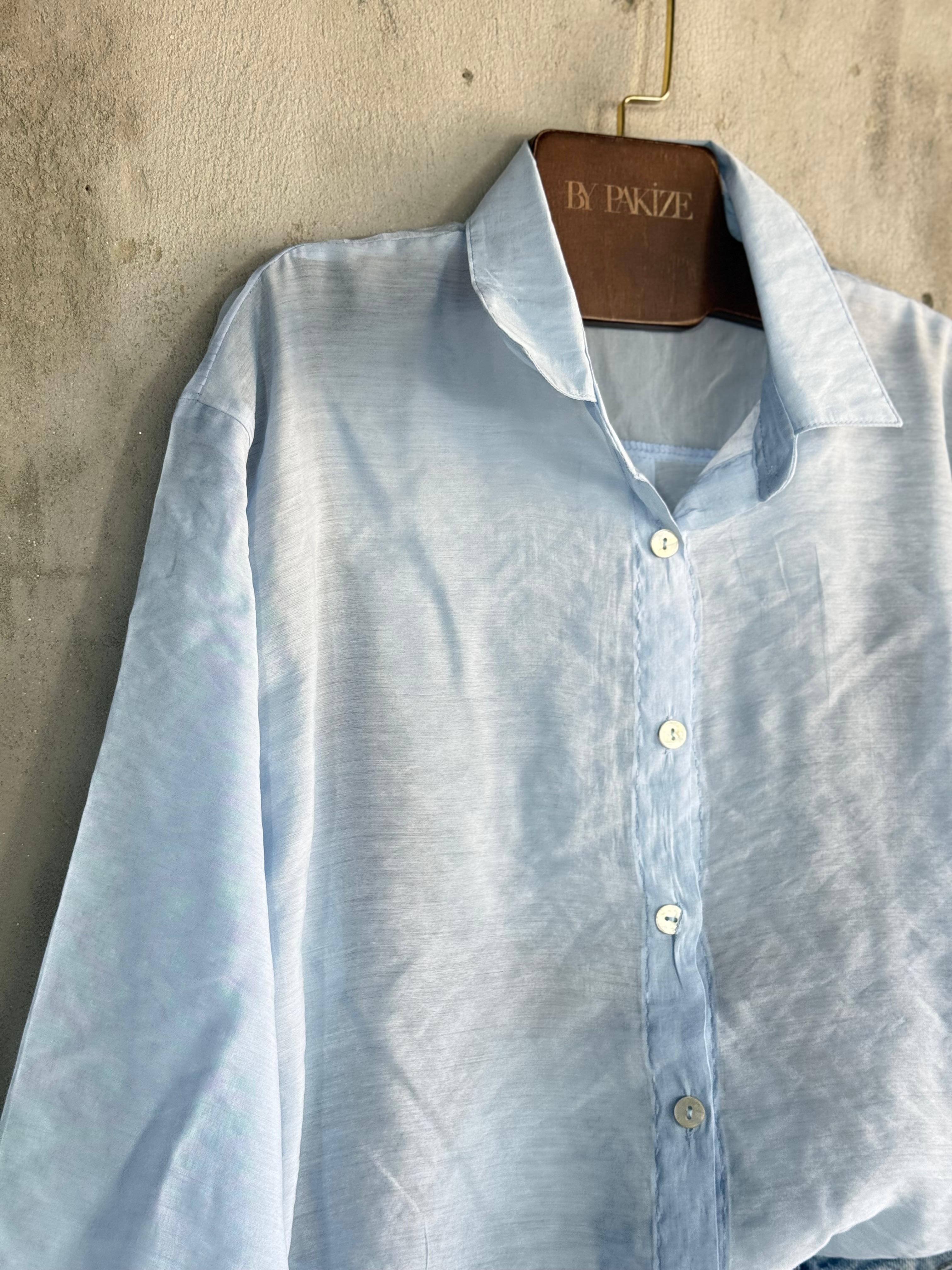 Transparan Keten Kumaş Oversize Gömlek (Bebe Mavisi)