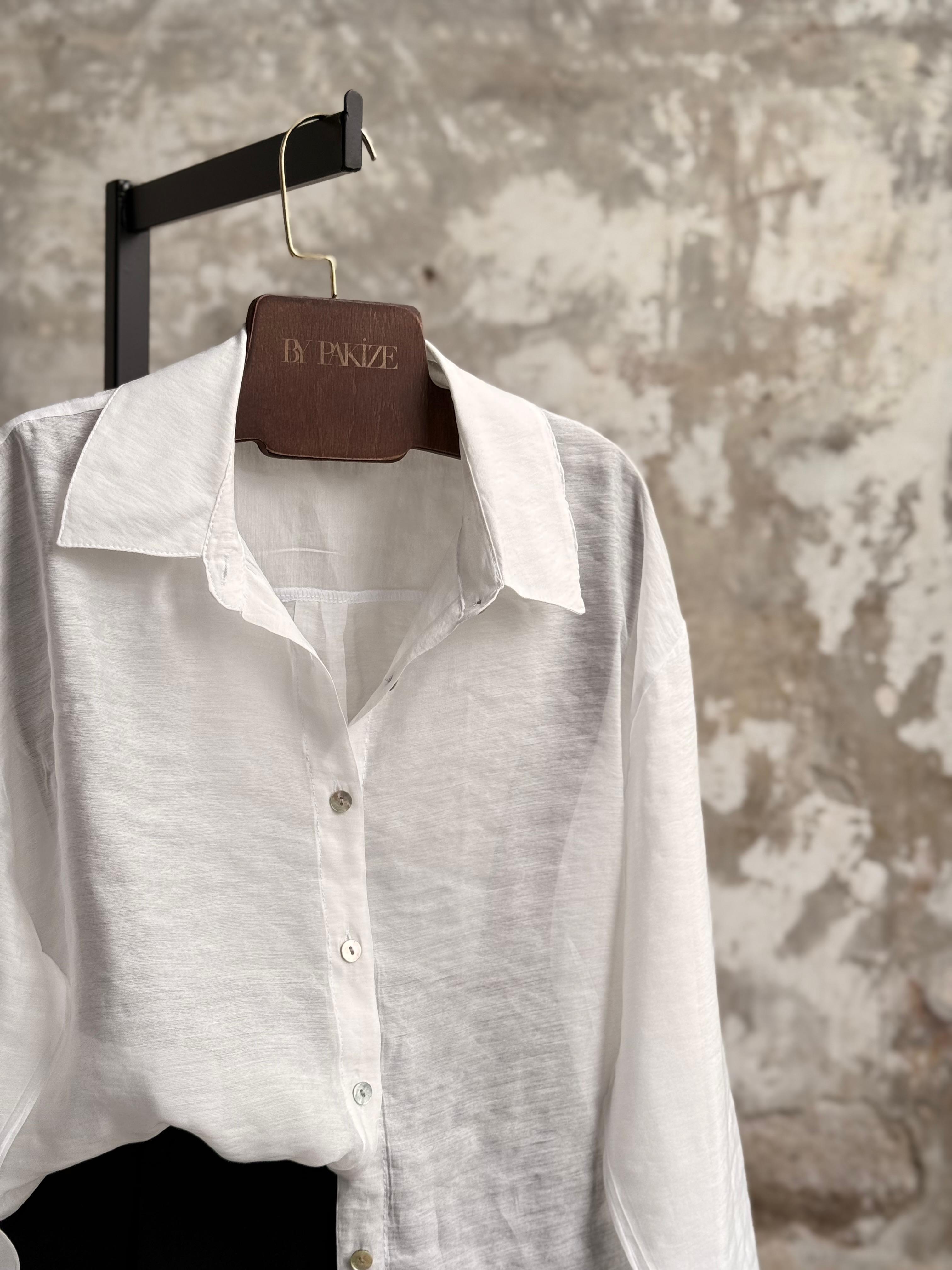 Transparan Keten Kumaş Oversize Gömlek (Beyaz)