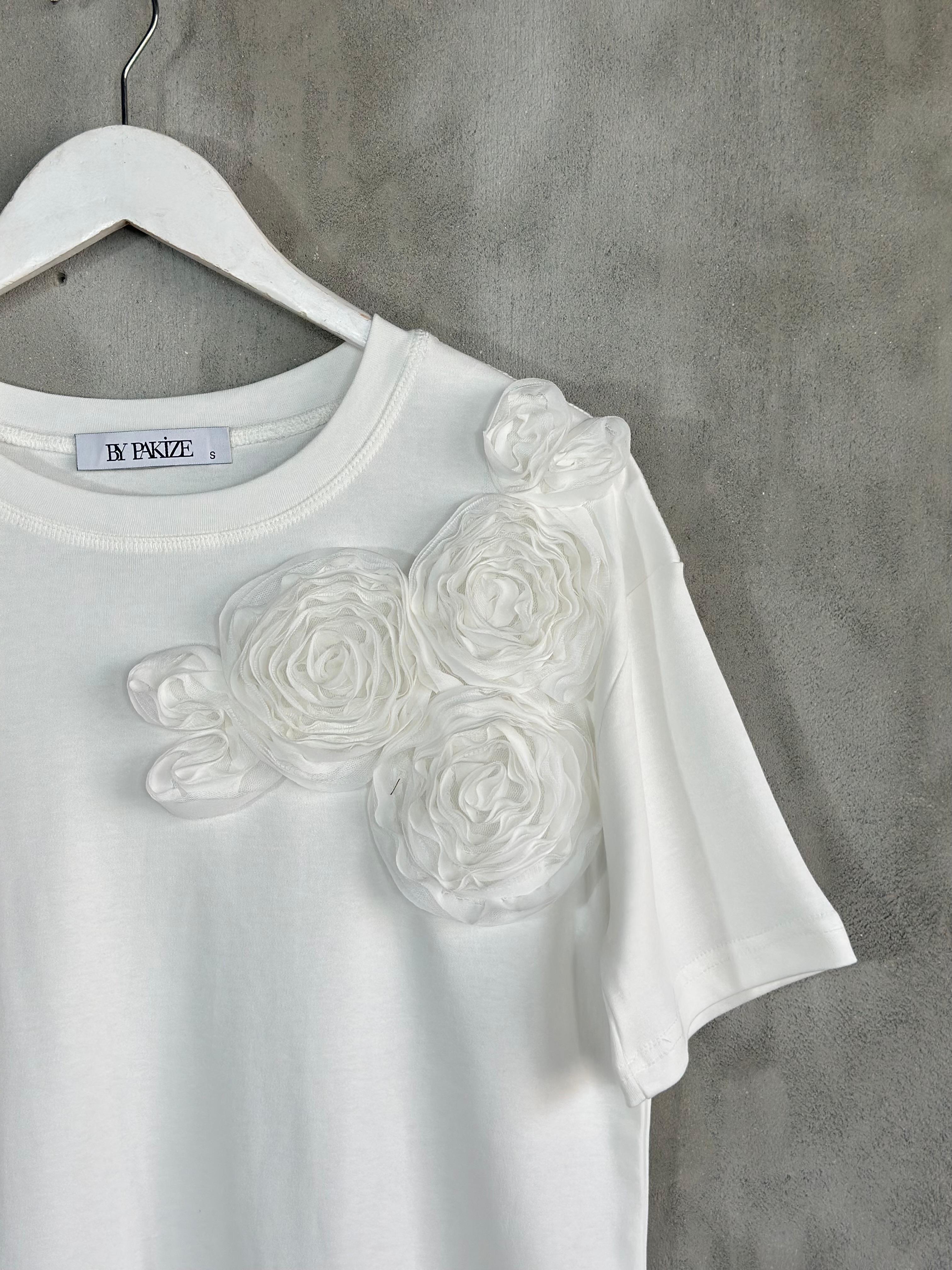 Tül Kumaş Çiçek İşçilikli Tişört (Pembe/Beyaz)