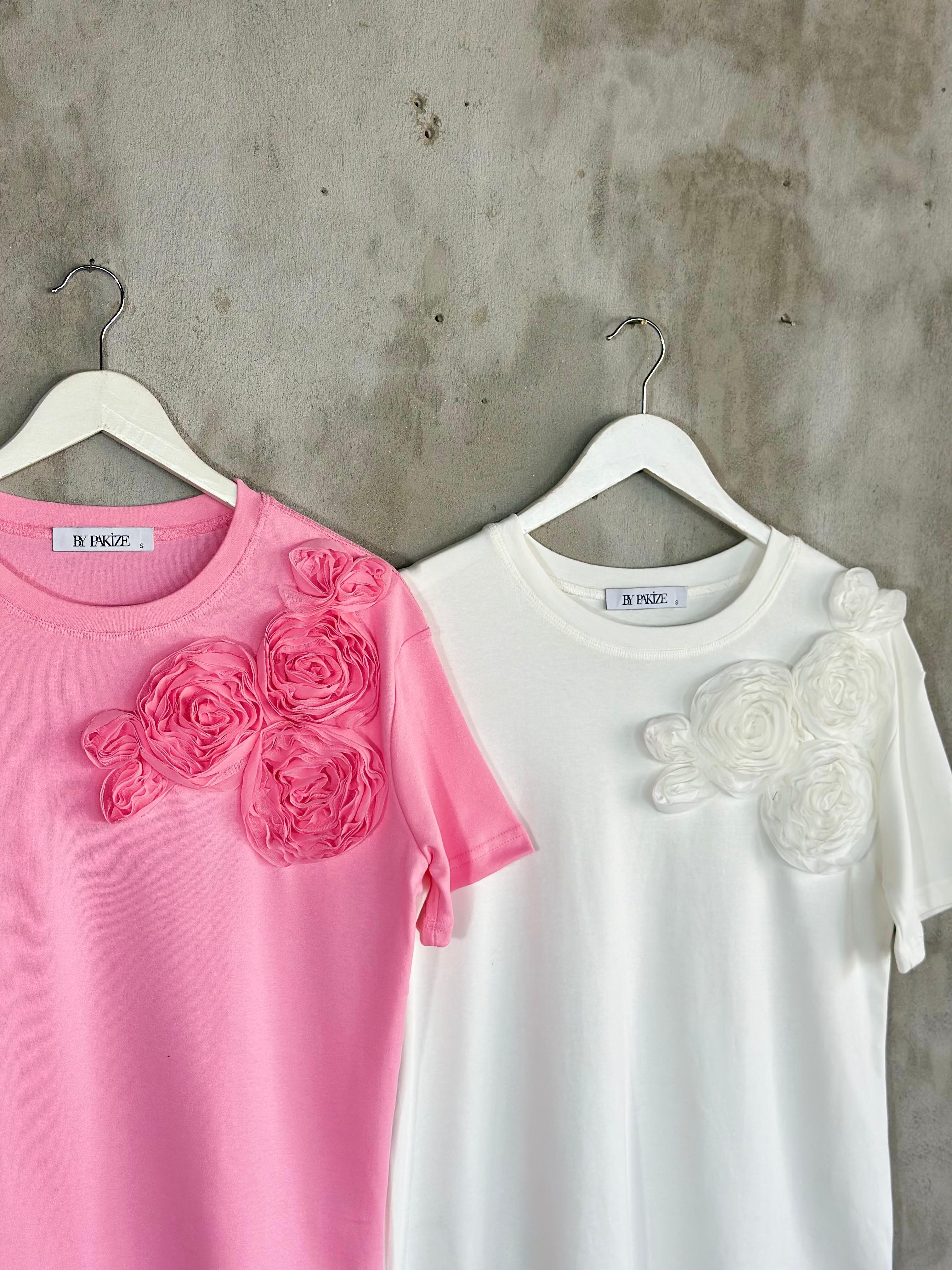 Tül Kumaş Çiçek İşçilikli Tişört (Pembe/Beyaz)