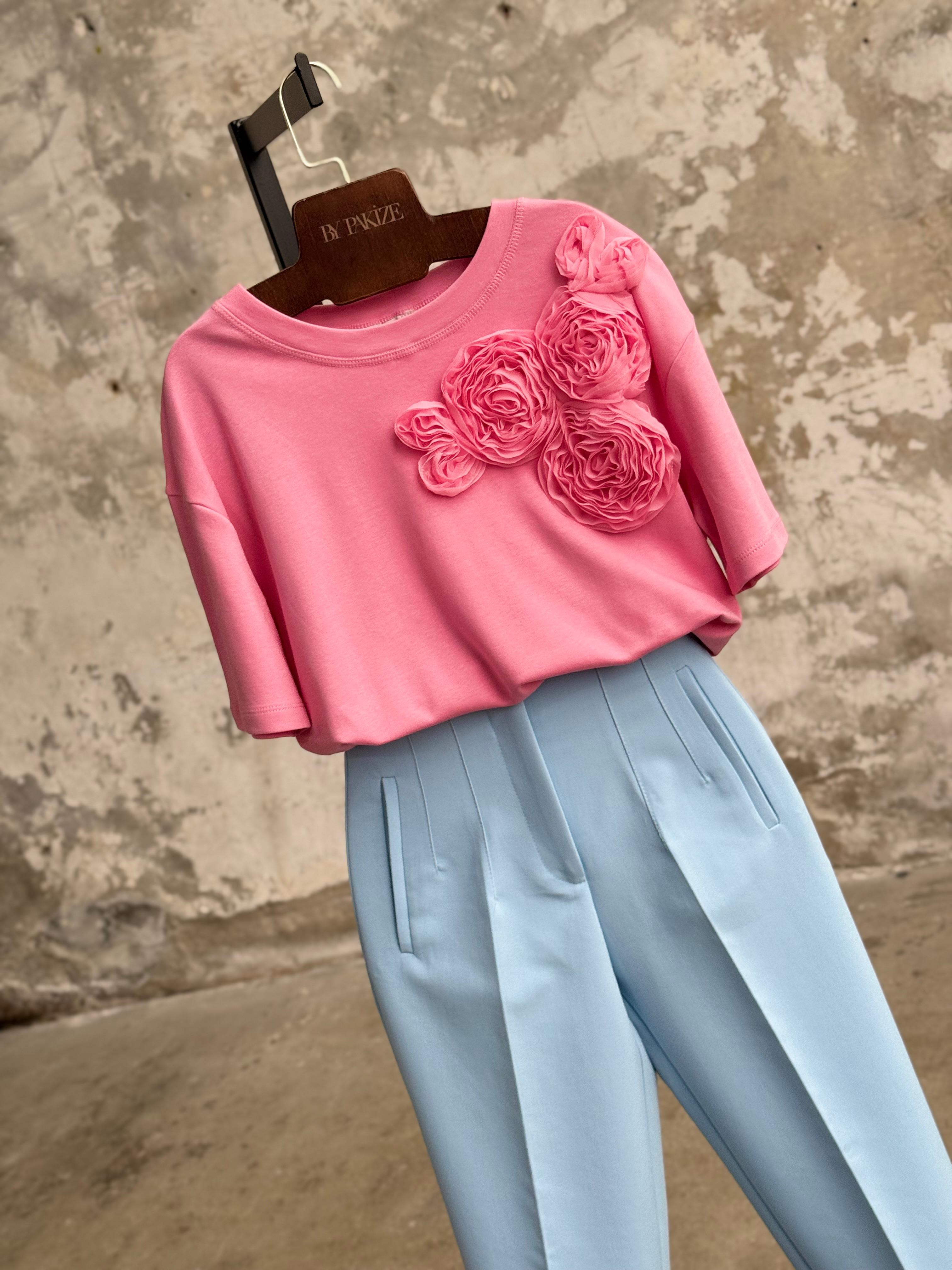 Tül Kumaş Çiçek İşçilikli Tişört (Pembe)