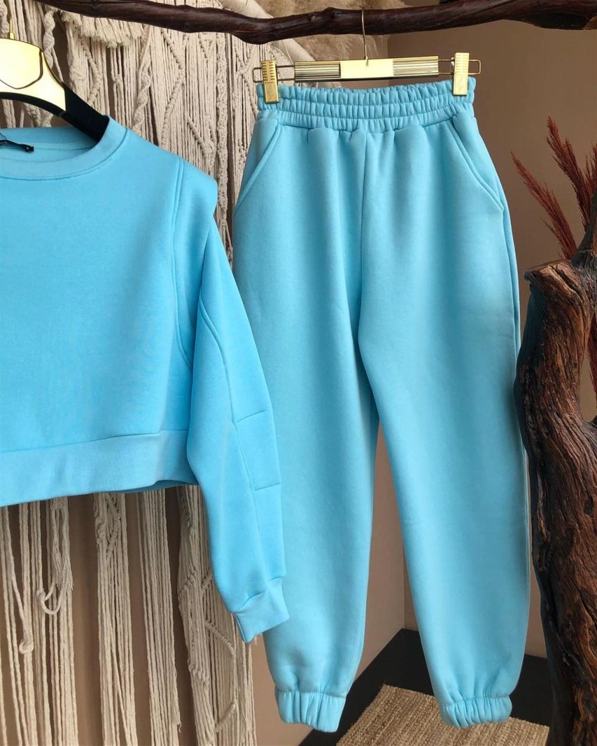 Üçiplik Kumaş Omuz Detaylı Sweat (MAVİ)