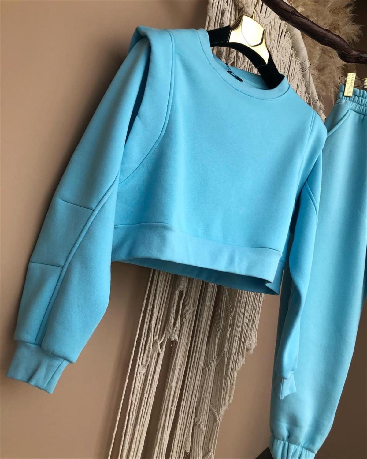 Üçiplik Kumaş Omuz Detaylı Sweat (MAVİ)