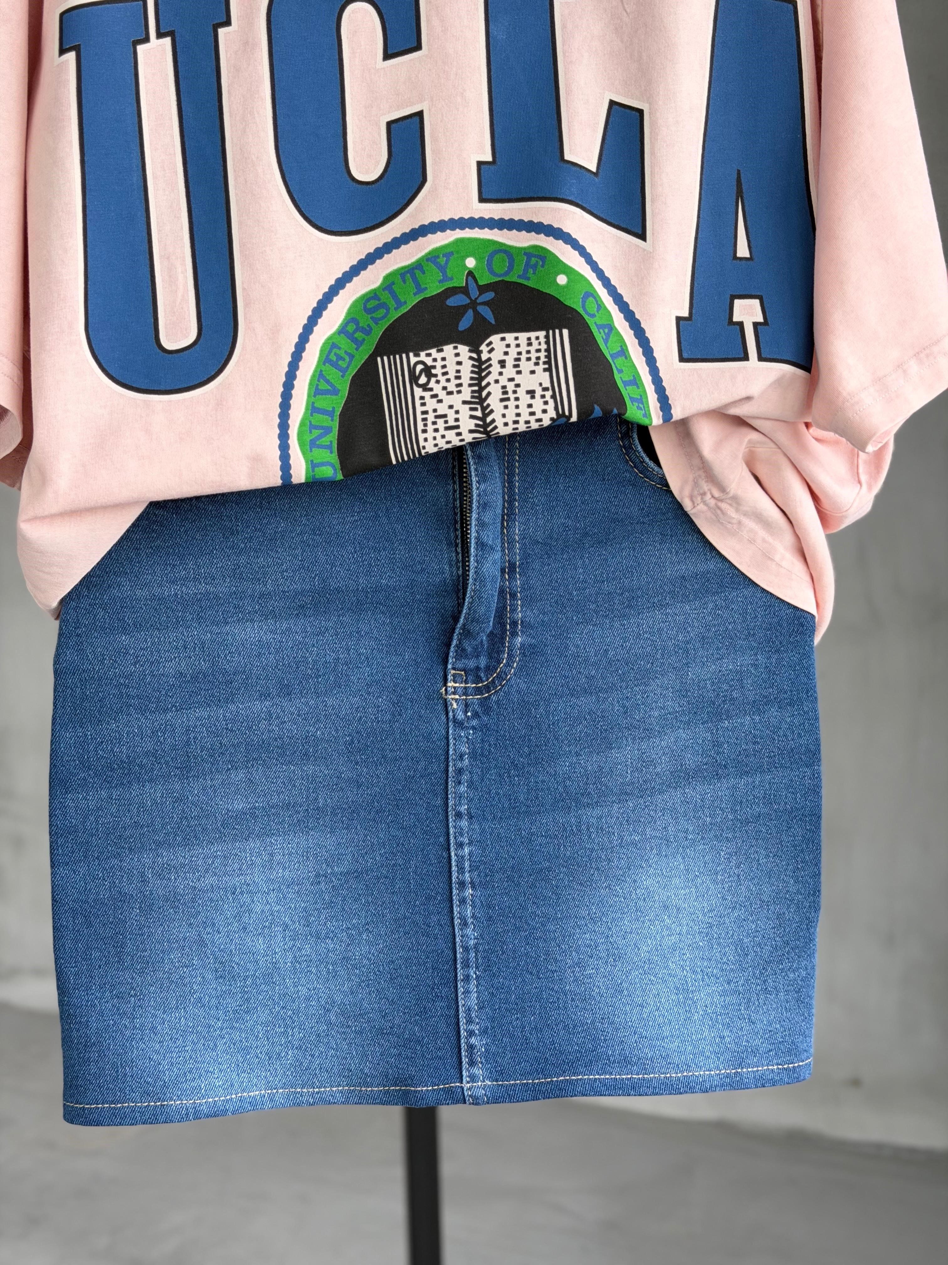 Ucla Yazılı  Kedi Baskılı Oversize Dokuma Tişört (Pudra)