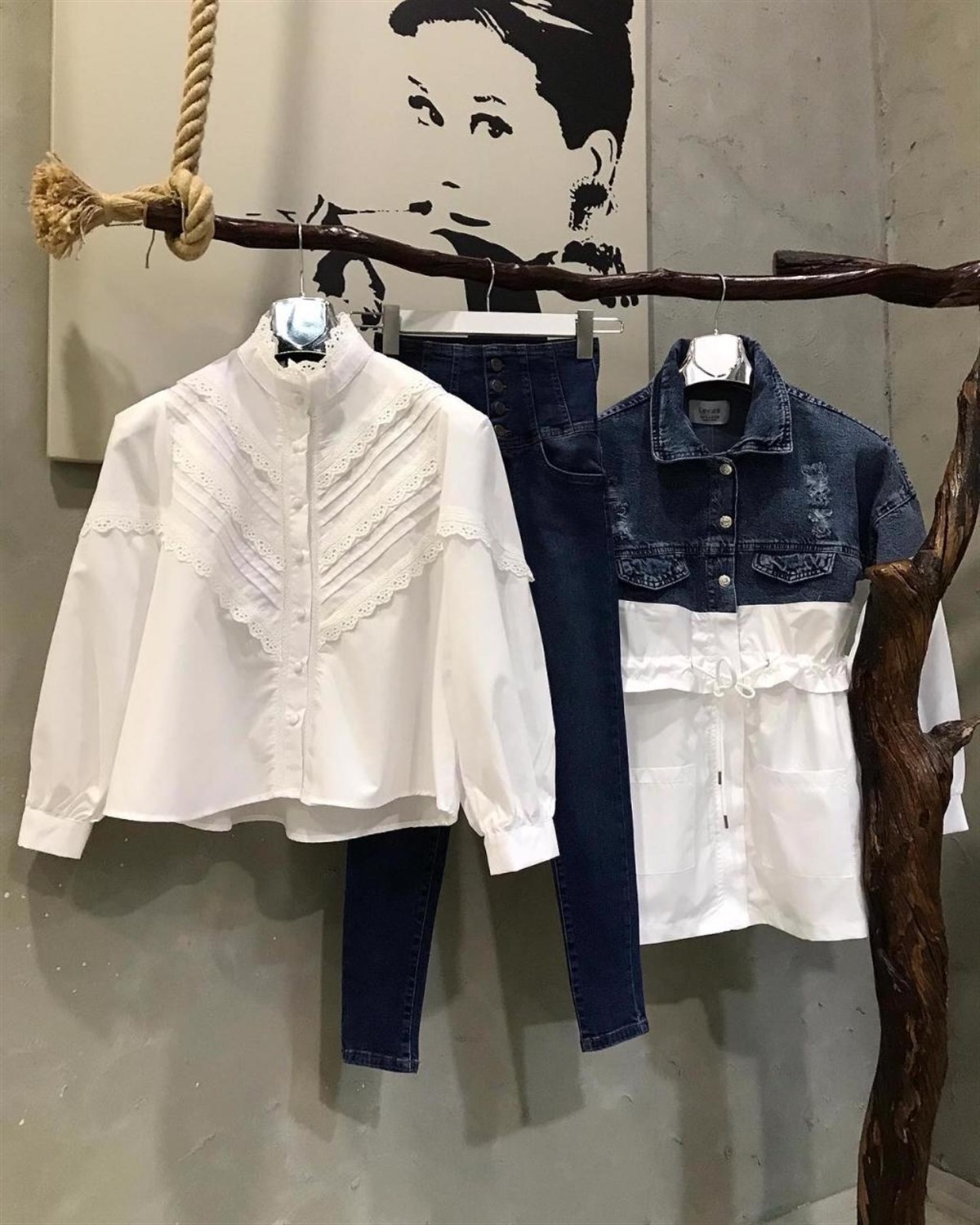 Üstü Jean Altı Paraşüt Kumaş Beli Bağlama Detaylı Ceket
