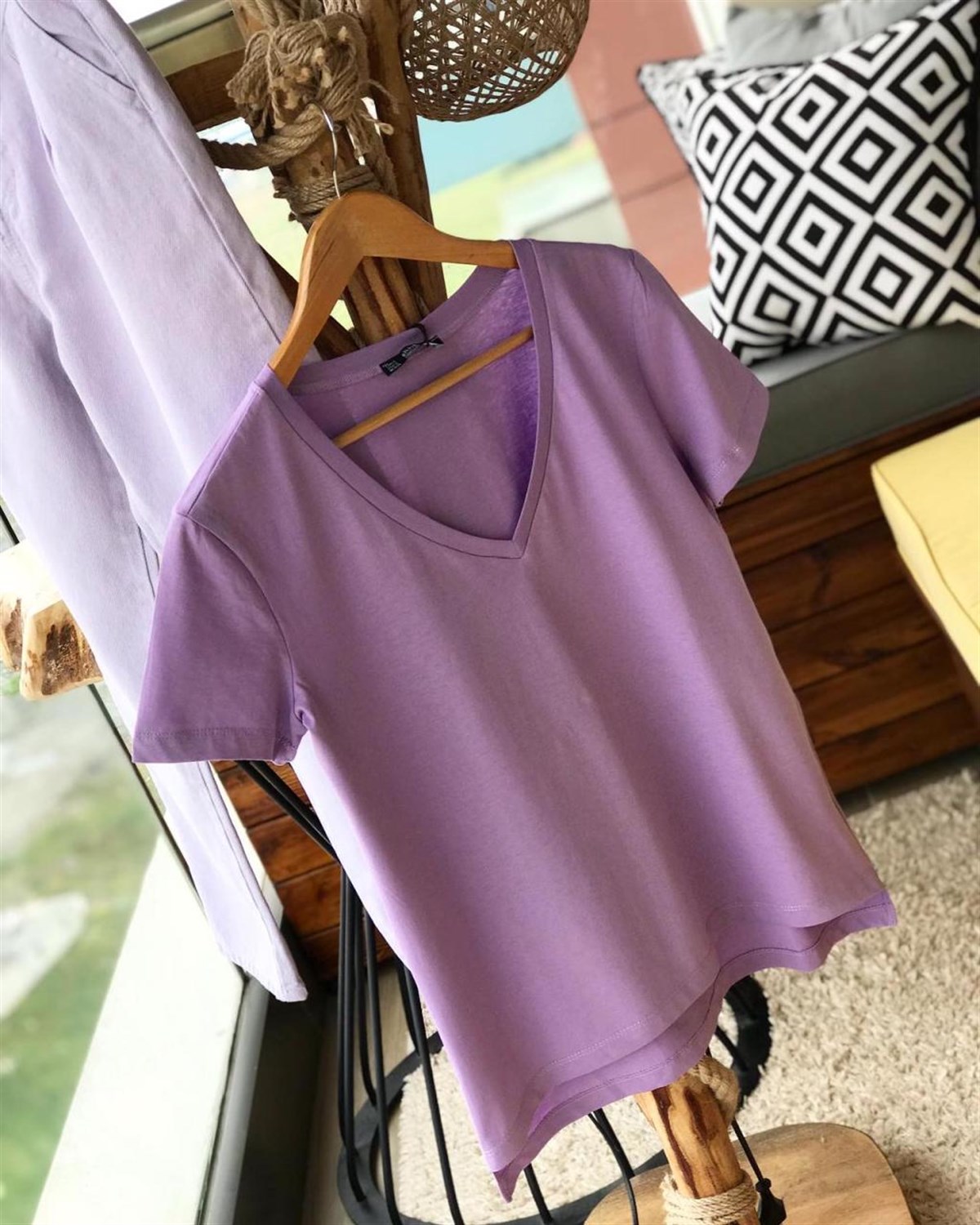 V Yaka Basic Penye Tshirt  (LİLA)
