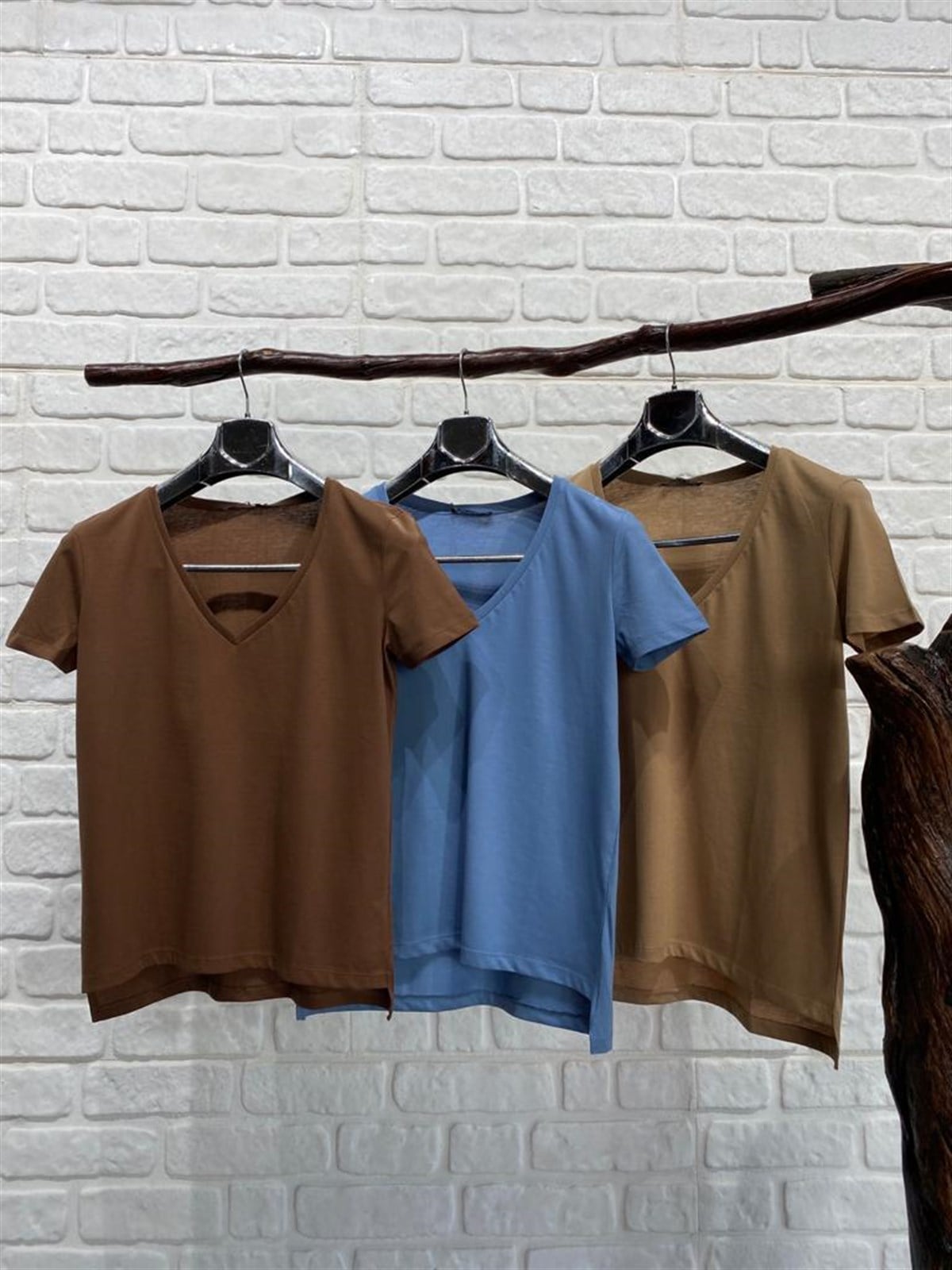 V Yaka Basic Tshirt ((KAHVE & CAMEL & MAVİ)