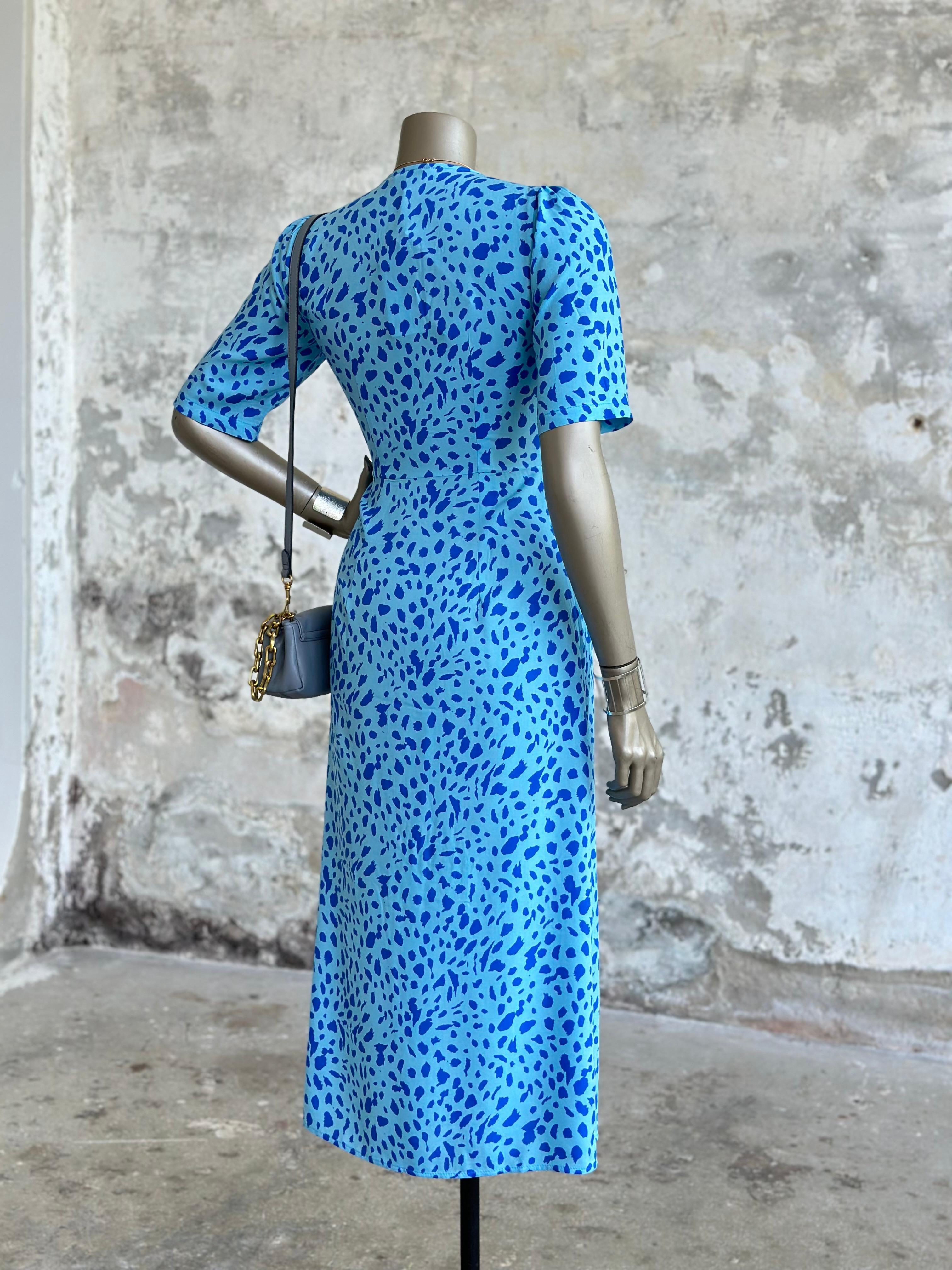 V Yaka Benek Desenli Elbise (Mavi)