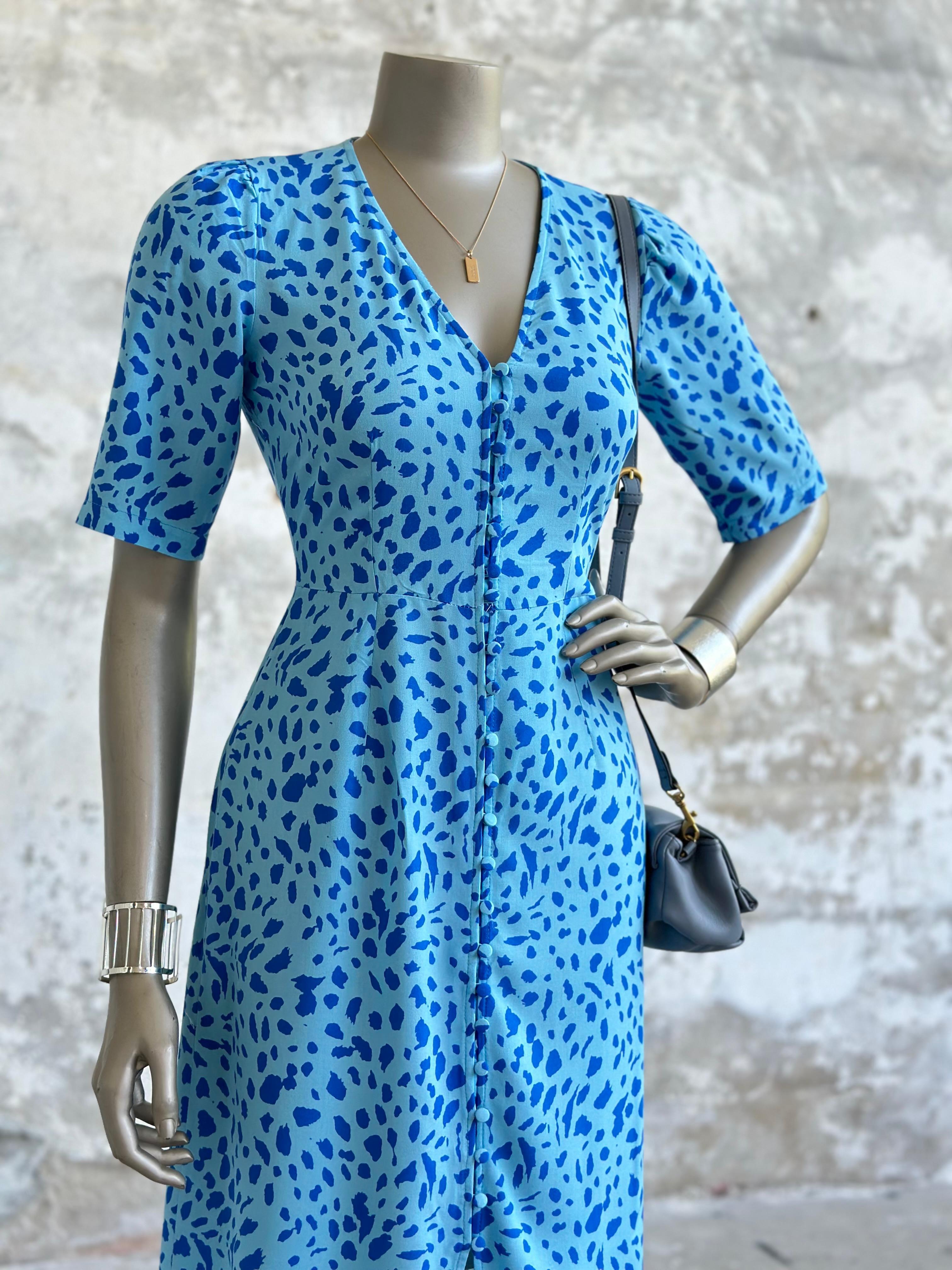 V Yaka Benek Desenli Elbise (Mavi)