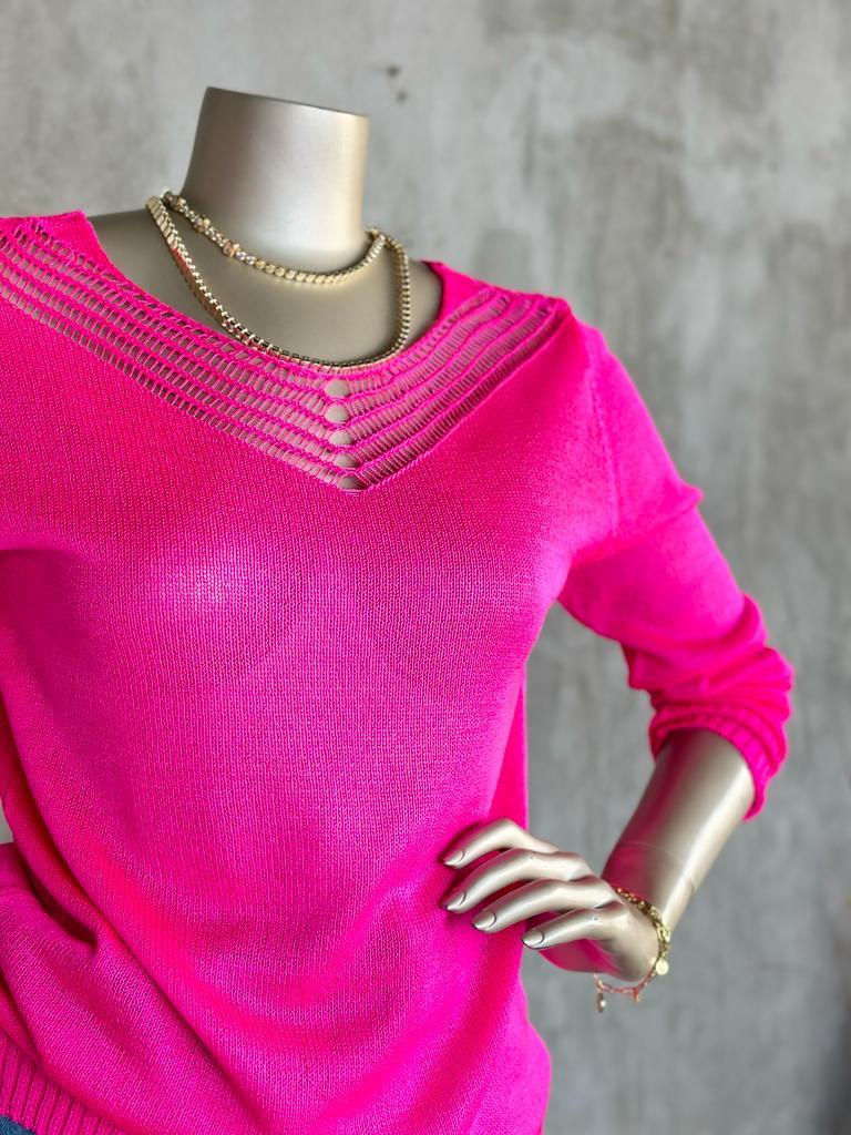 V Yaka File Detaylı Kadın Kazak (Fuşya)