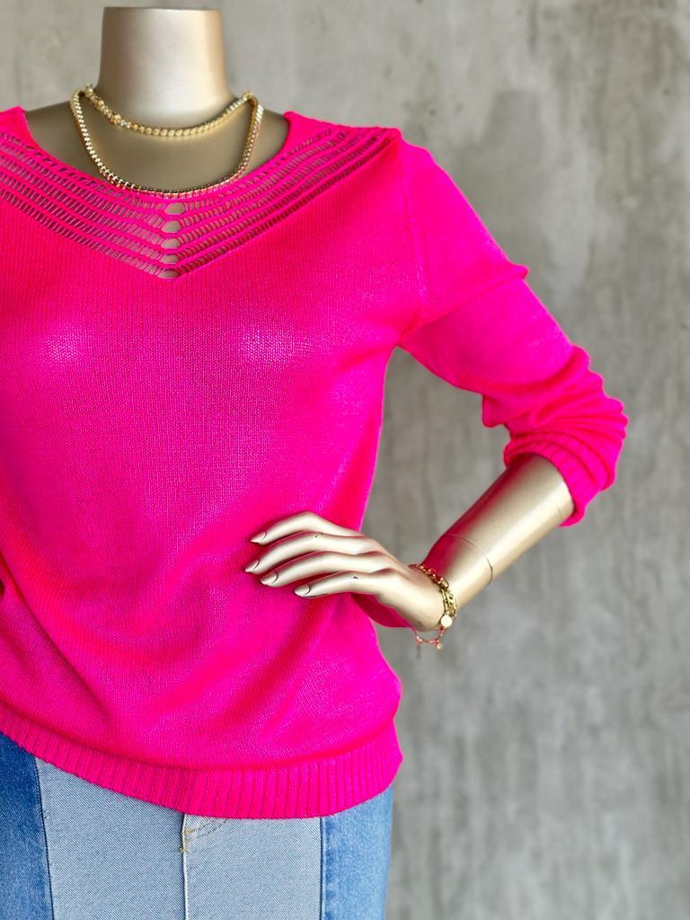 V Yaka File Detaylı Kadın Kazak (Fuşya)