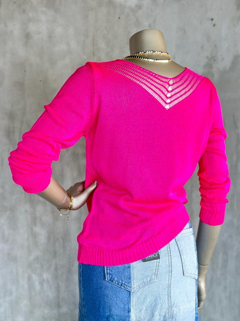 V Yaka File Detaylı Kadın Kazak (Fuşya)