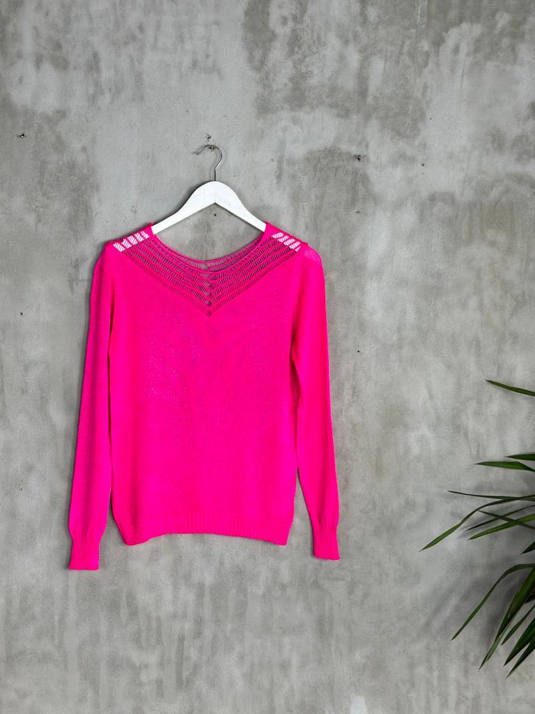 V Yaka File Detaylı Kadın Kazak (Fuşya)