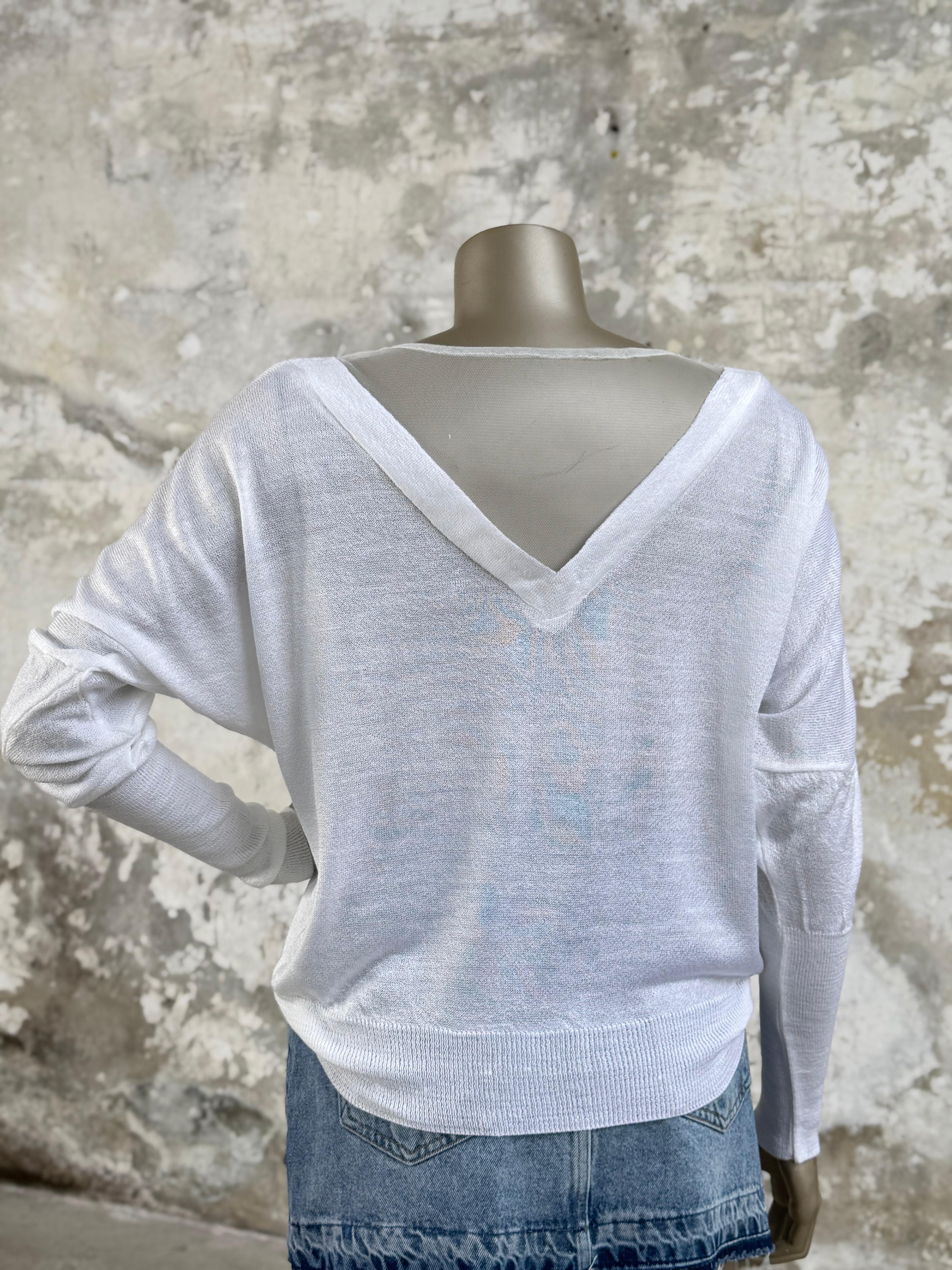 V Yaka Tül Geçişli Merserize Triko Örme Salaş Kazak (Beyaz)