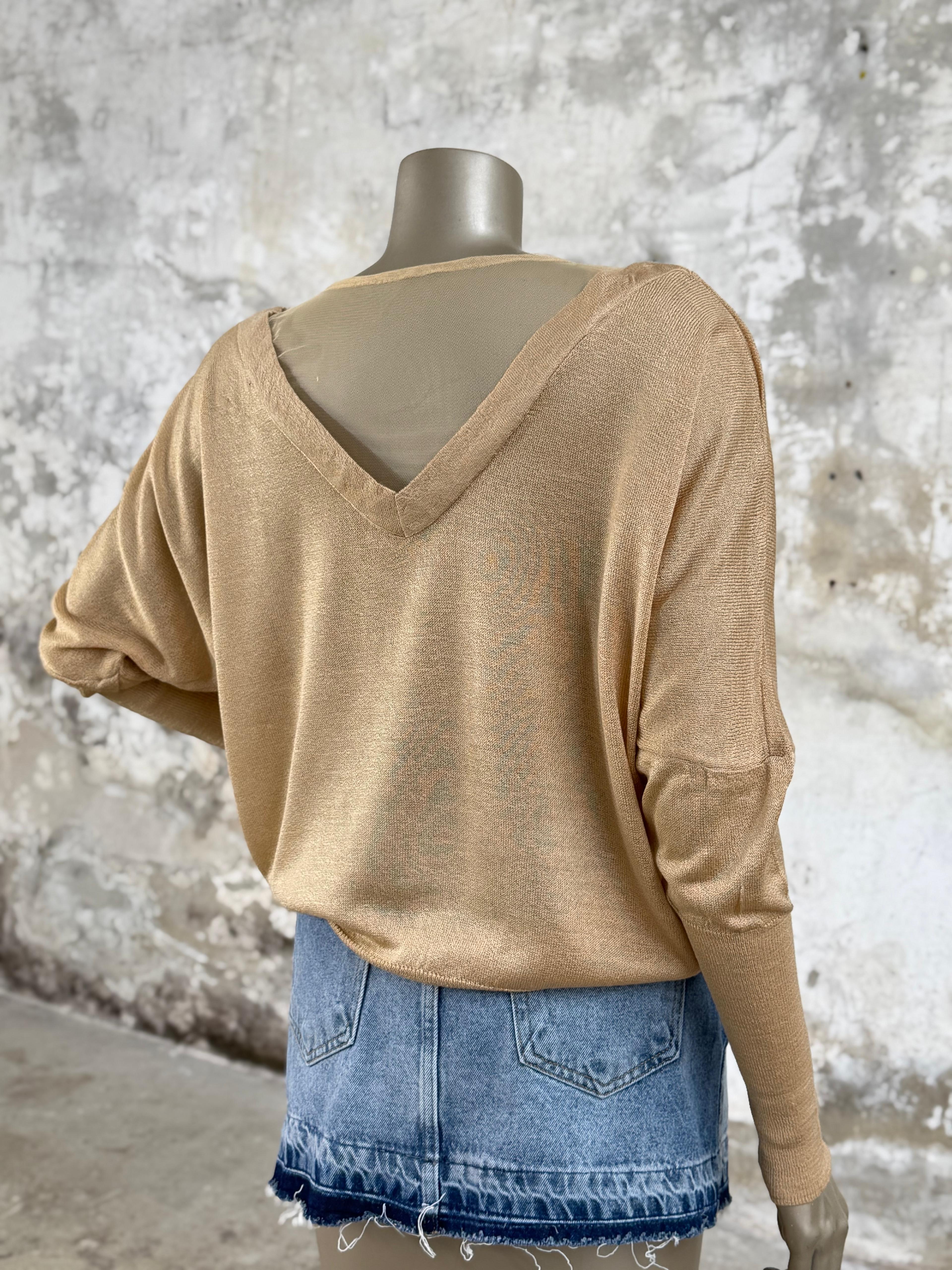 V Yaka Tül Geçişli Merserize Triko Örme Salaş Kazak (Camel)