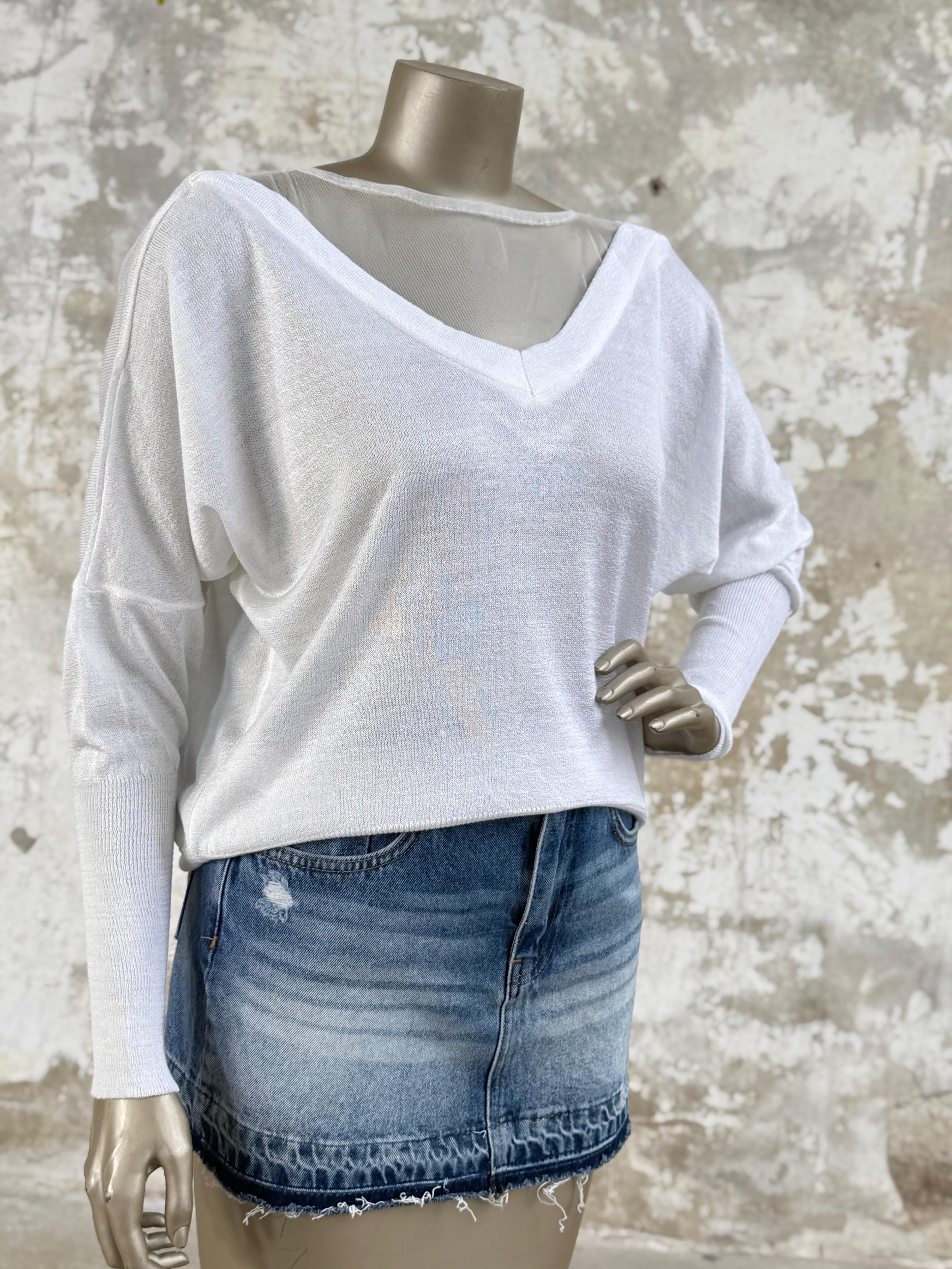 V Yaka Tül Geçişli Merserize Triko Örme Salaş Kazak (Beyaz)