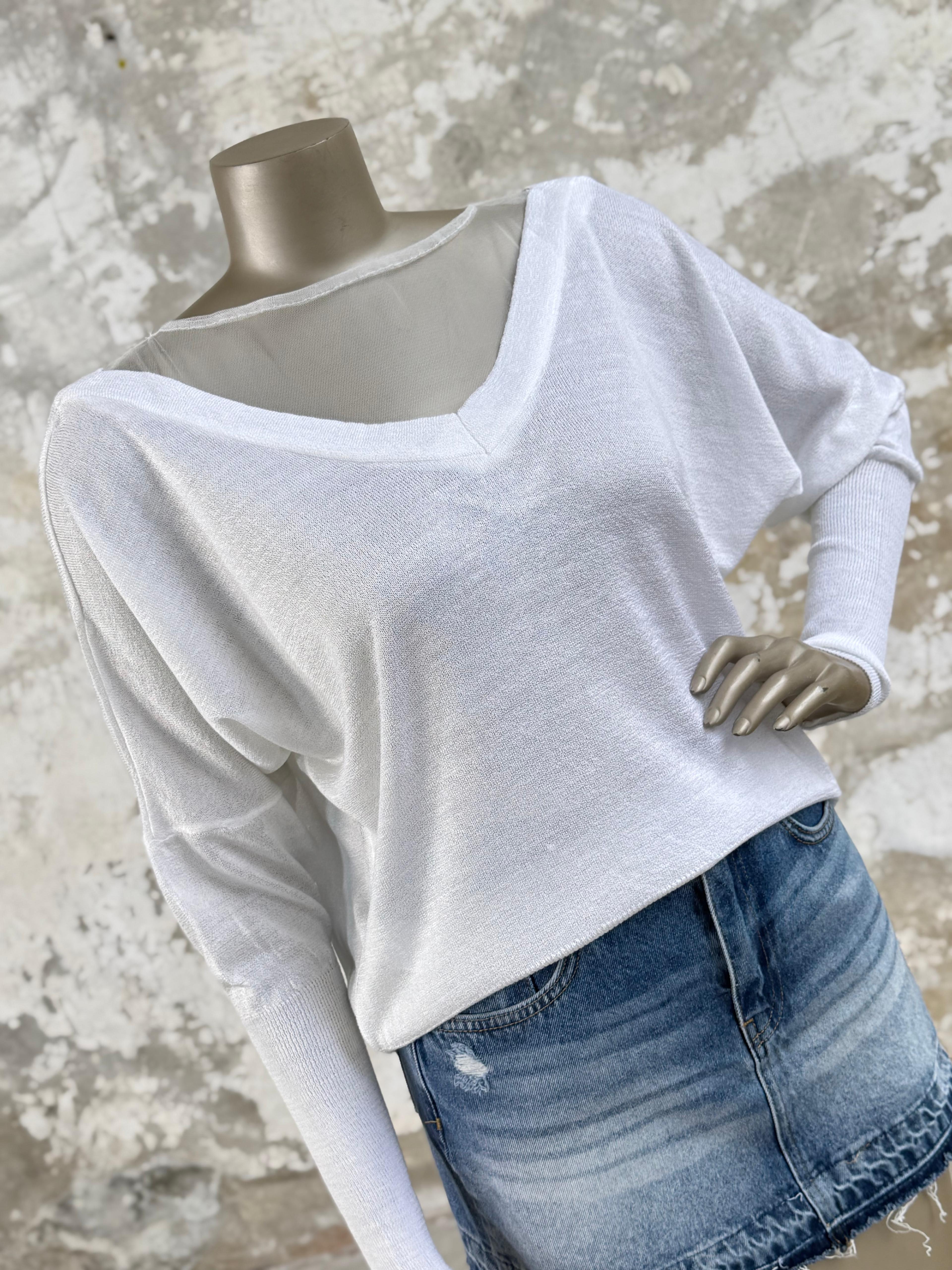 V Yaka Tül Geçişli Merserize Triko Örme Salaş Kazak (Beyaz)