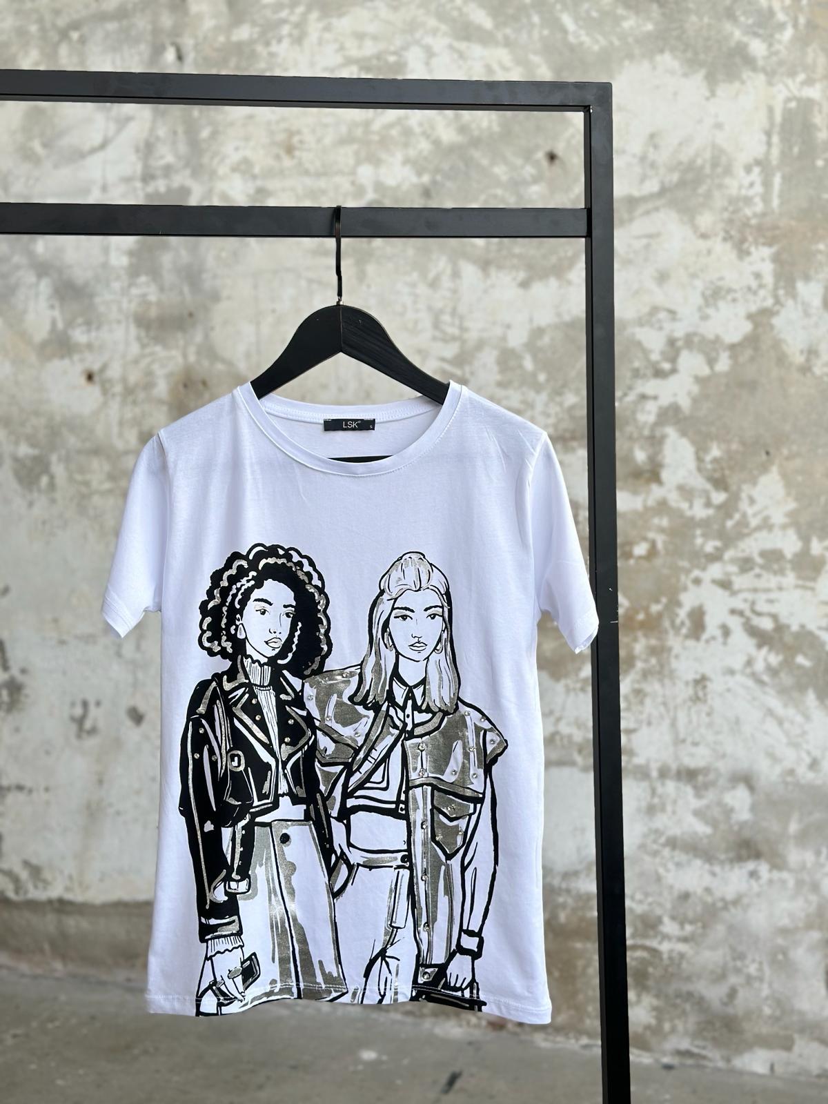 Varak Detaylı Kız Baskılı T-shirt(BEYAZ)