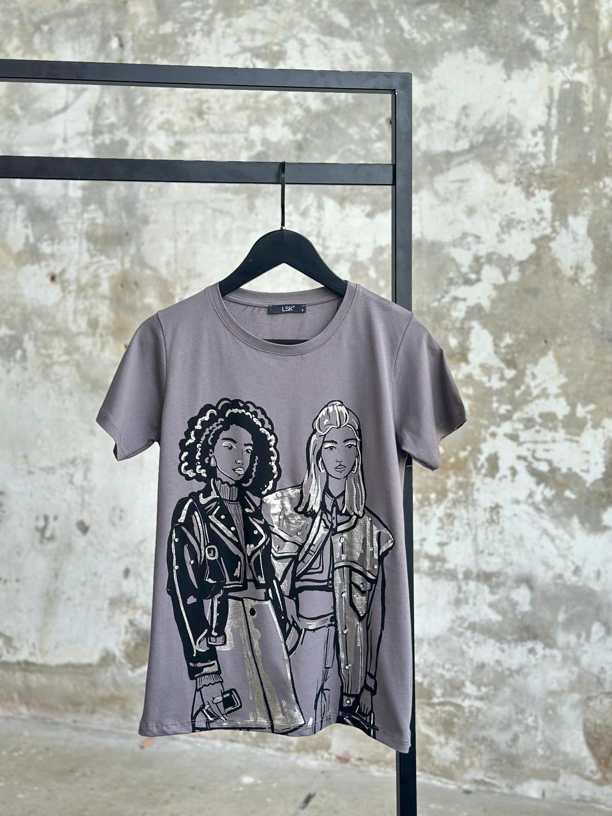 Varak Detaylı Kız Baskılı T-shirt(gri)