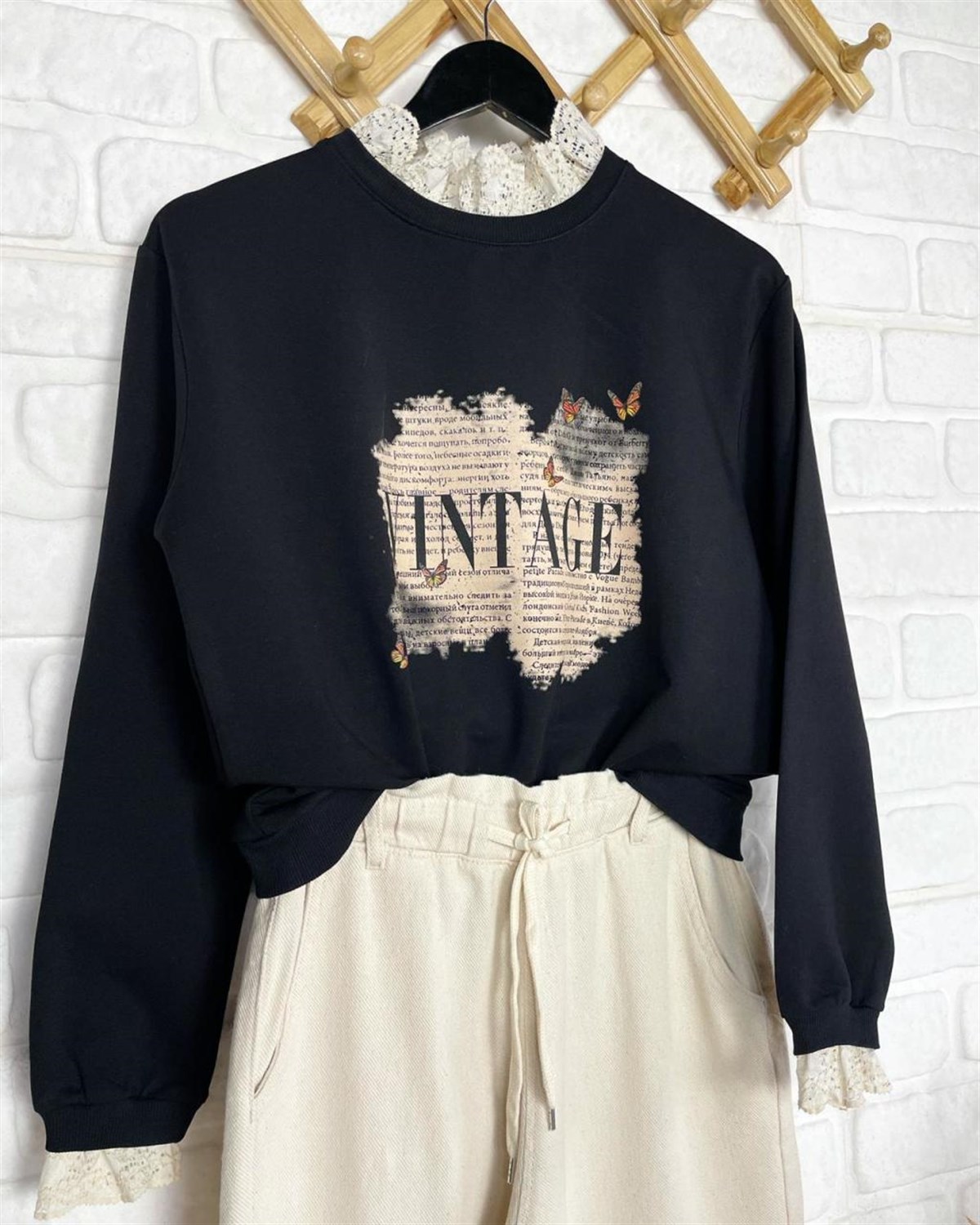 Vintage Baskı Desenli Bluz