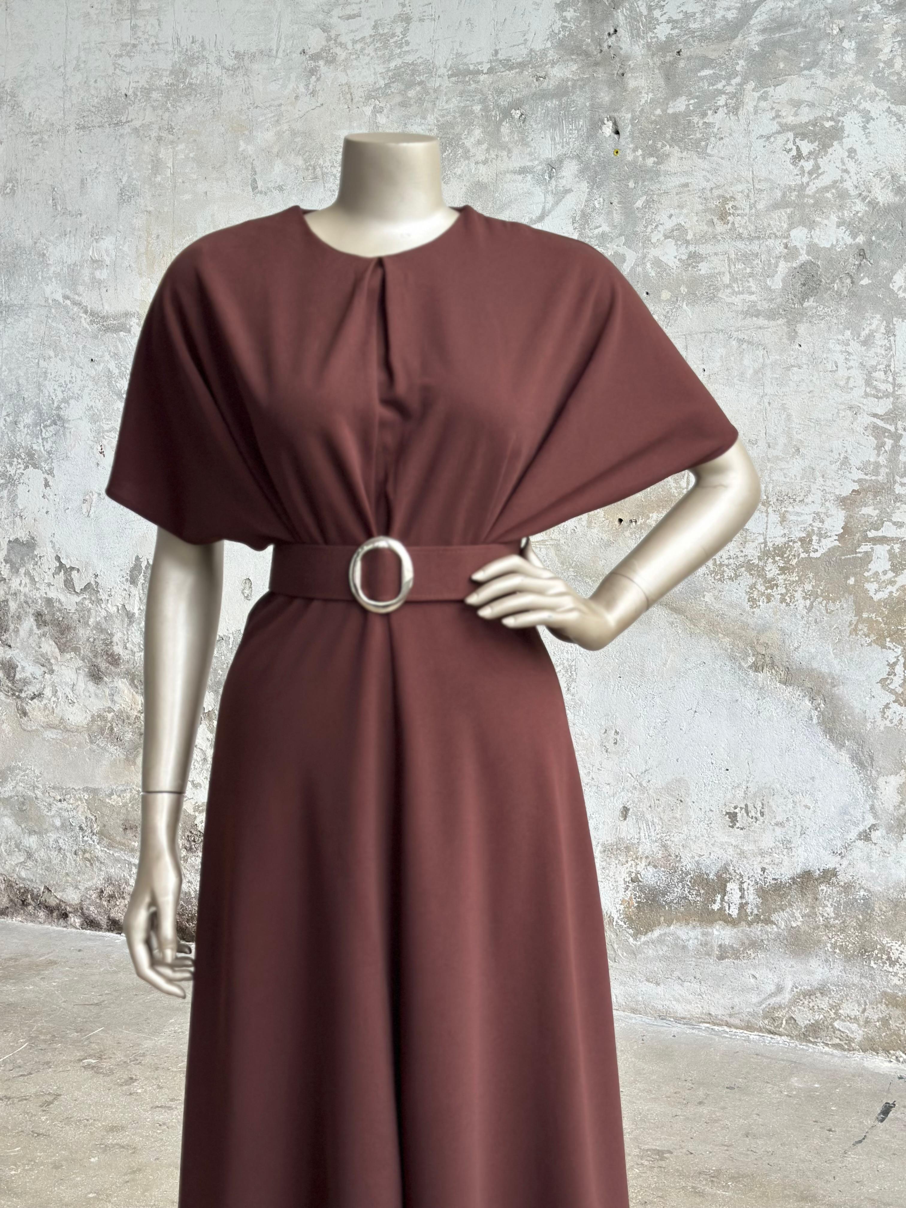 Vintage Toka Kemerli Elbise (Kahve)