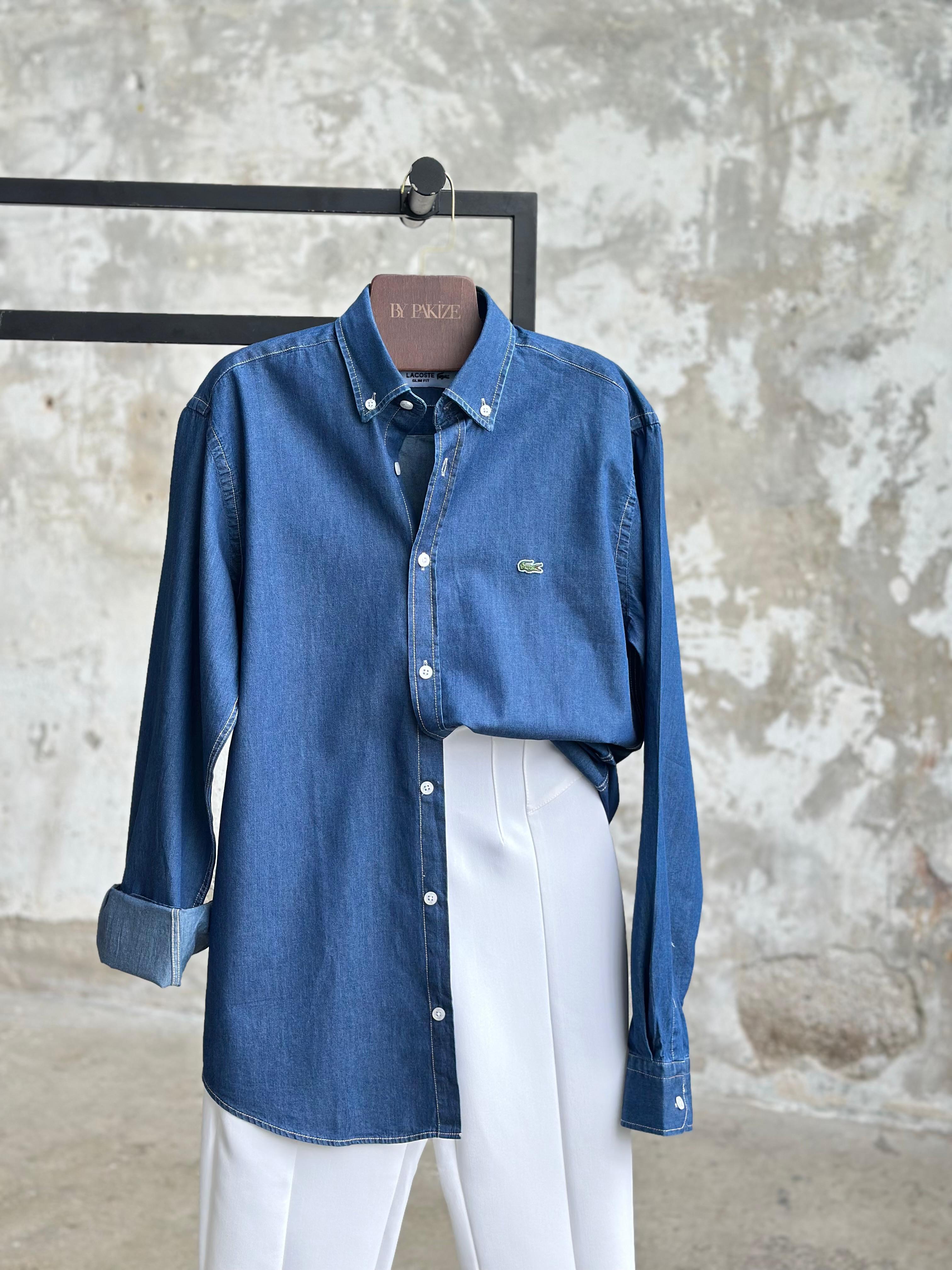 Yakalı Logo Detaylı Denim Gömlek (Koyu Mavi)