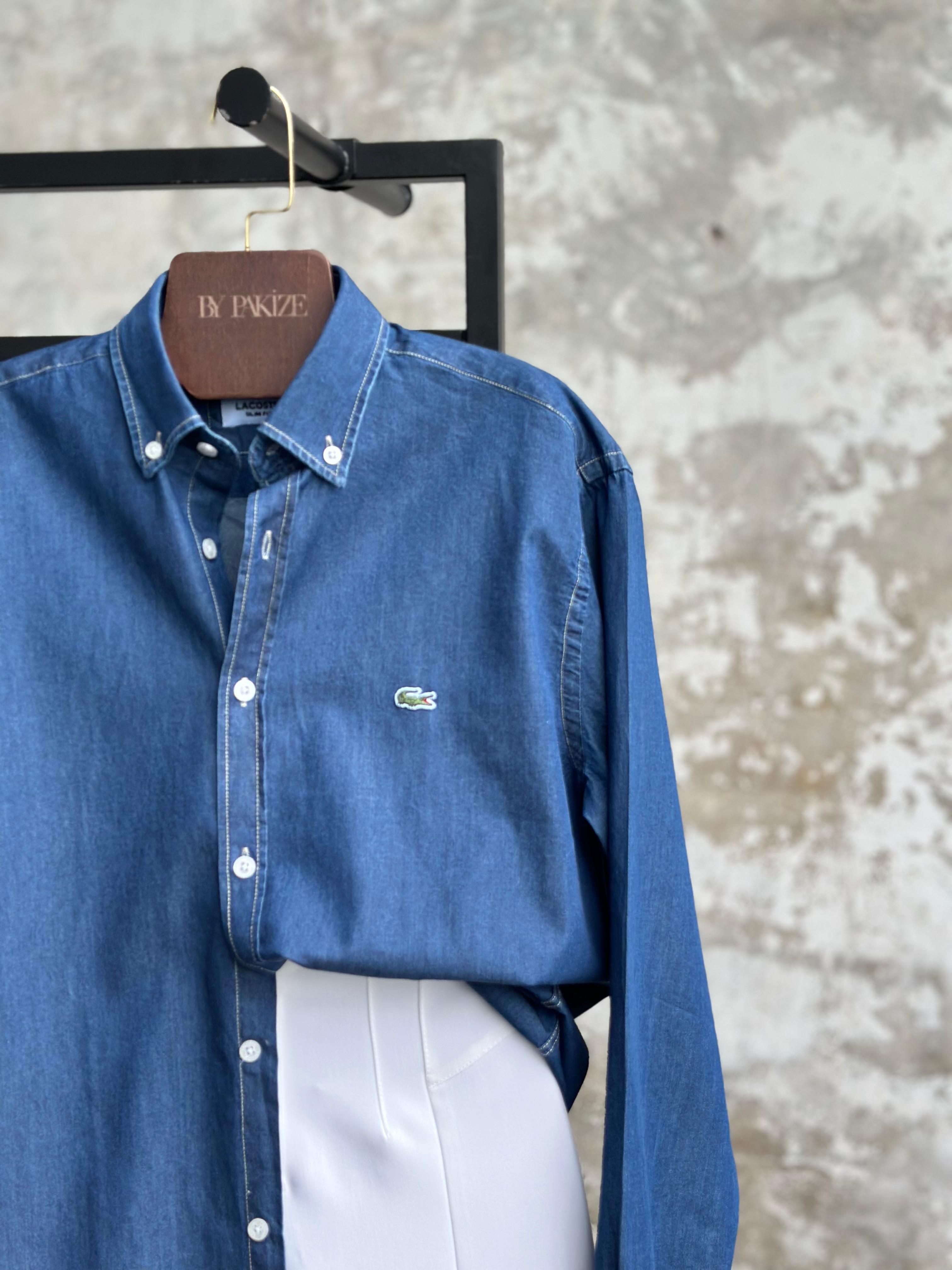 Yakalı Logo Detaylı Denim Gömlek (Koyu Mavi)