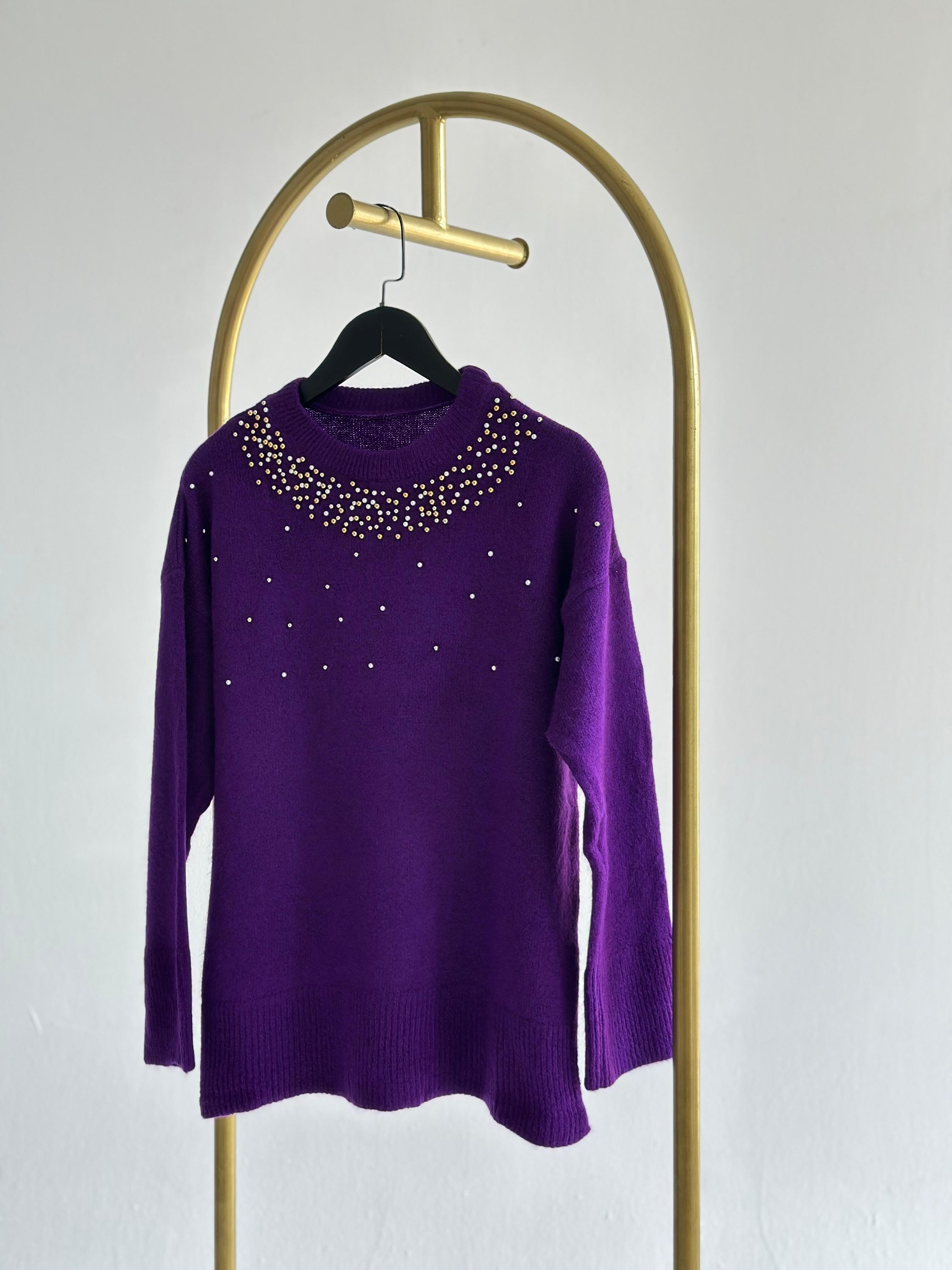 Yakası İncili Yumoş Kazak (Mor)