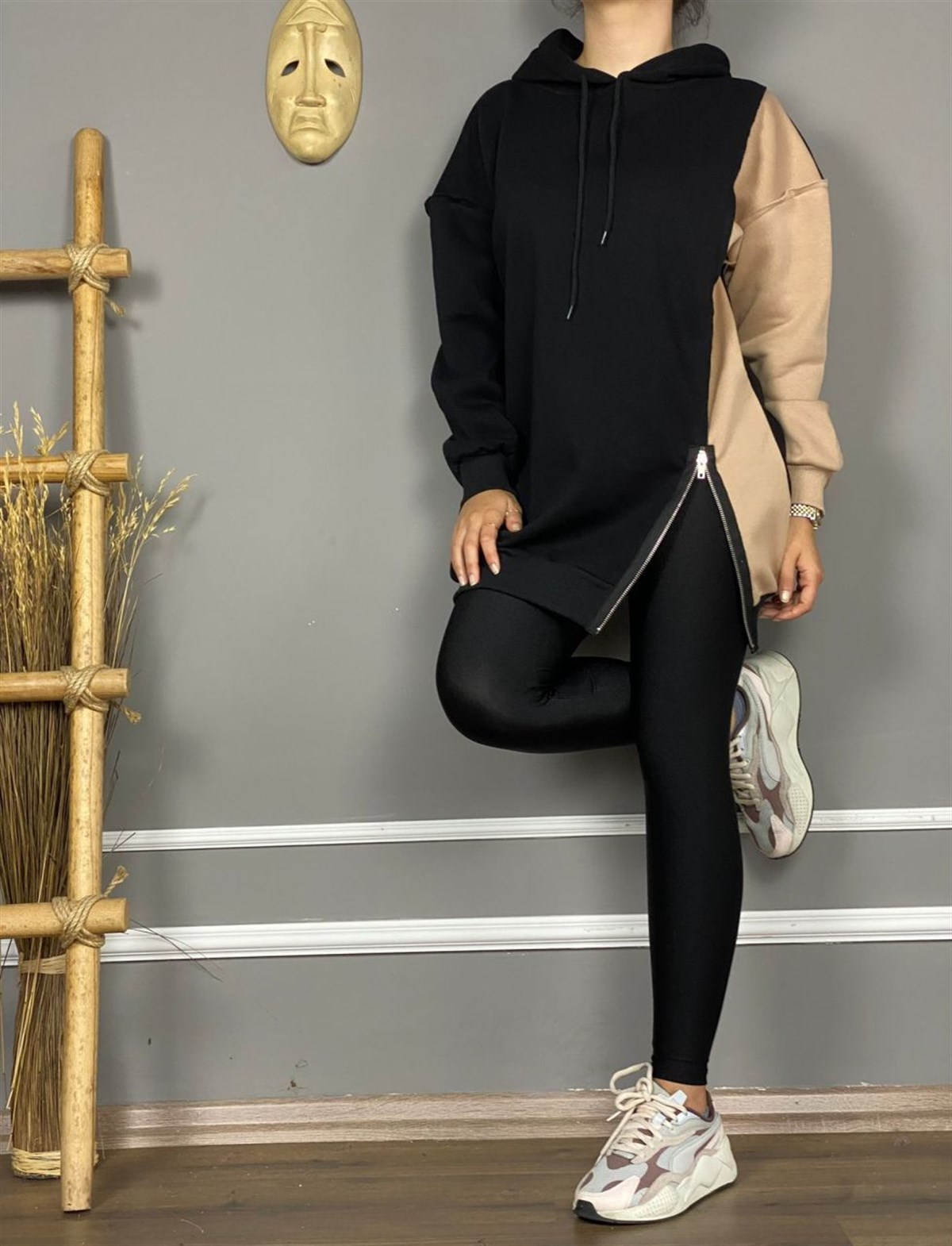Yandan Fermuar Yırtmaç Detaylı Tunik Sweat (Siyah)