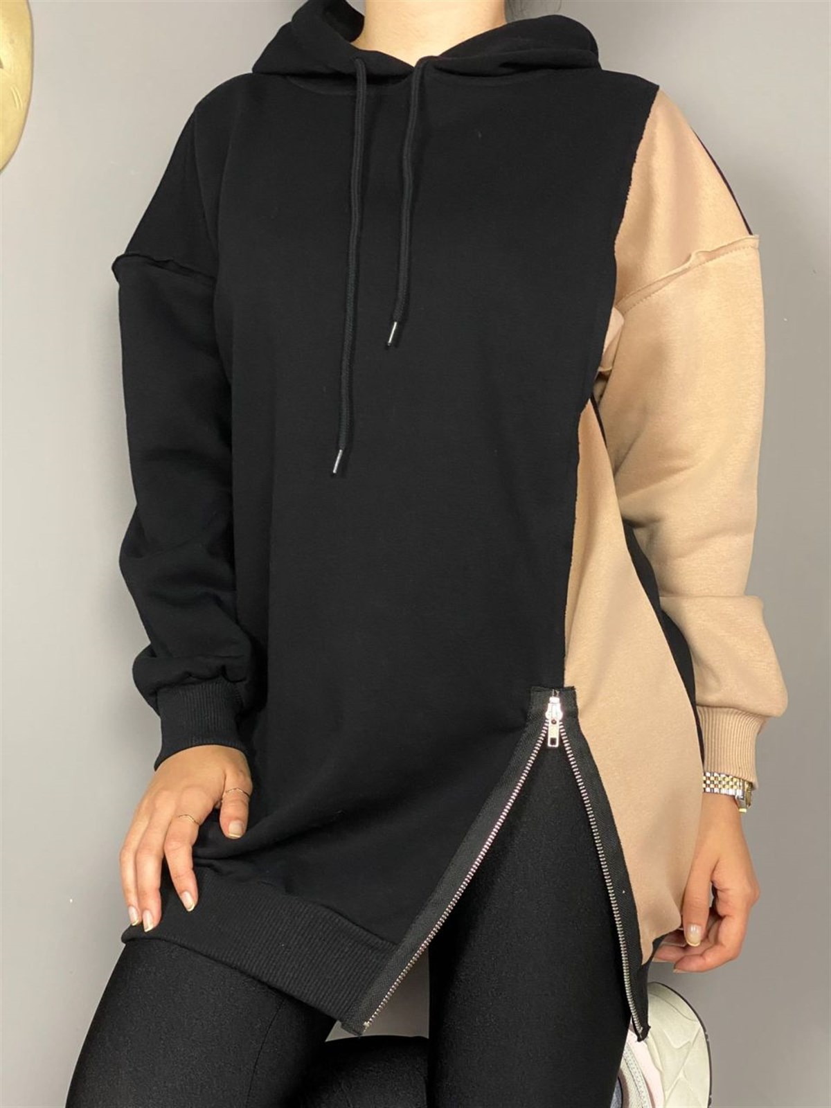 Yandan Fermuar Yırtmaç Detaylı Tunik Sweat (Siyah)